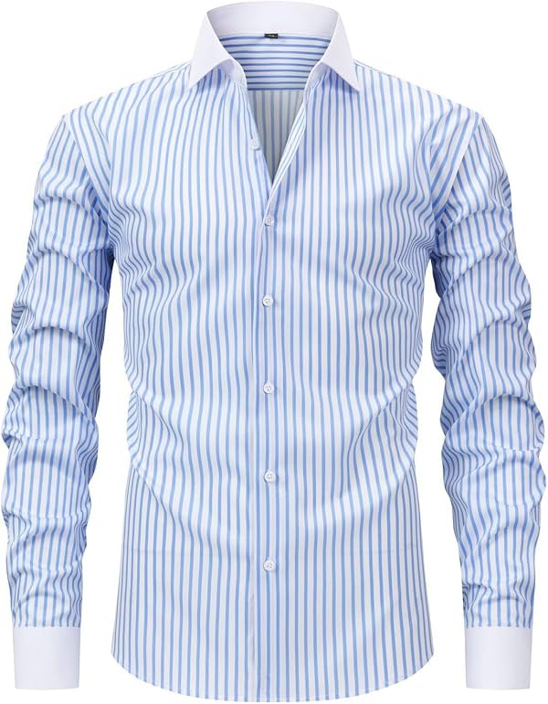 Camisa de vestir a rayas para hombre, manga larga, cuello, casual y formal
