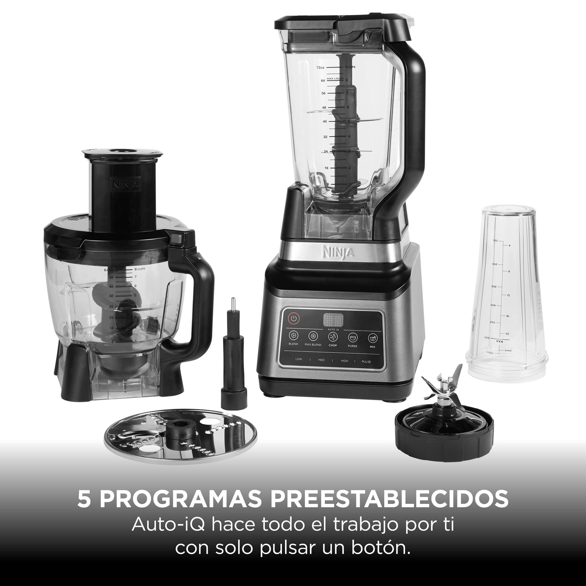 Ninja Procesador de alimentos 3 en 1, 1200 W, batidora multifunción, 5 programas automáticos, bol 1,8 l, jarra 2,1 l, vaso 700 ml, tecnología Auto-iQ, piezas aptas para lavavajillas, Negro, BN800EU