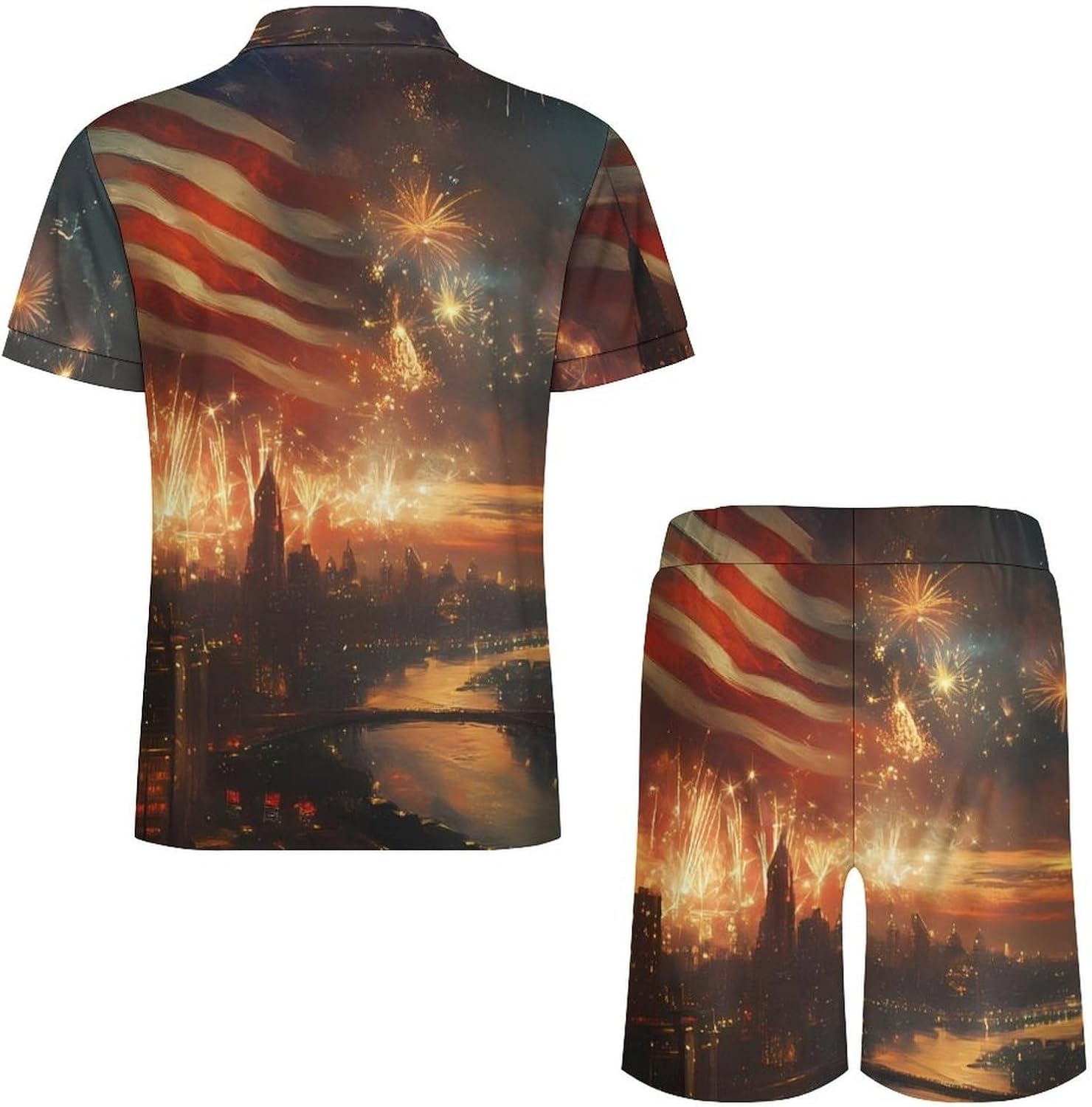 New York City Celebration And Fireworks Mens Polo Shirts Track Suits 2 Piece Short Sleeve Sweatsuit 1/4 Zip Golf Loungewear for Sports