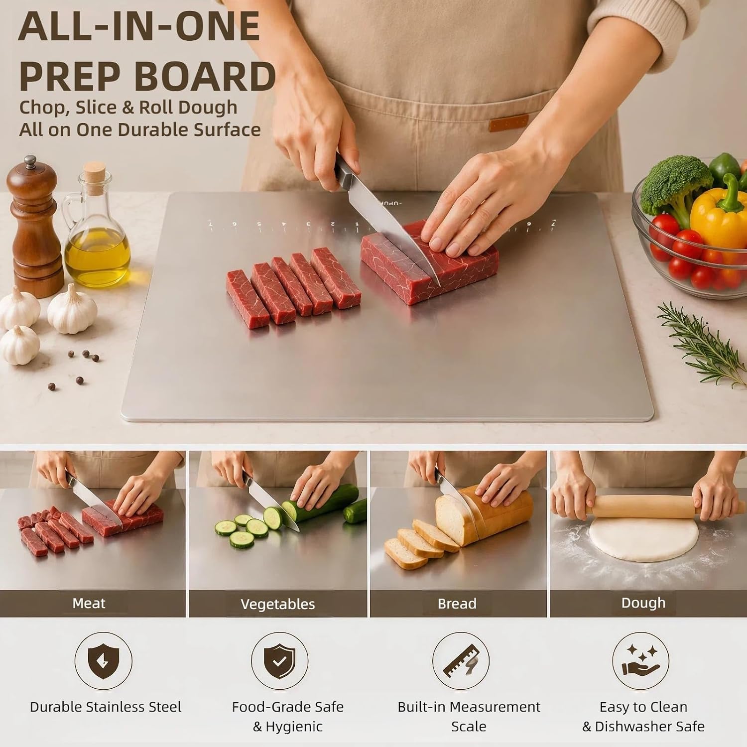 304 Stainless Steel Cutting Board with L Lip, 2 Silicone Pads image 5