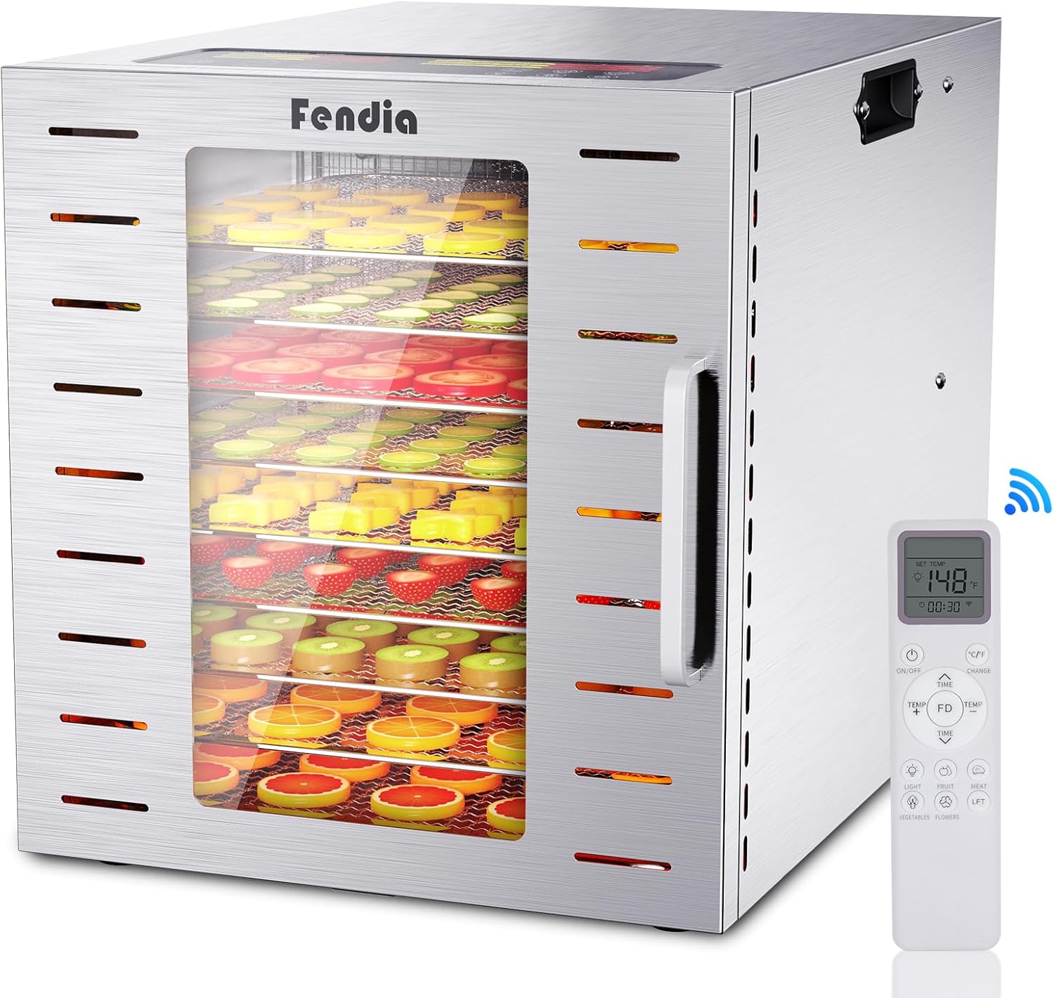 Food Dehydrator for Jerky, 9 Stainless Steel Large Trays, 800W Fruit Dehydrator with Remote Control, 24H Timer and 194°F Temperature Control, Food Dryer for Jerky, Herbs, Fruit, Dog Treats