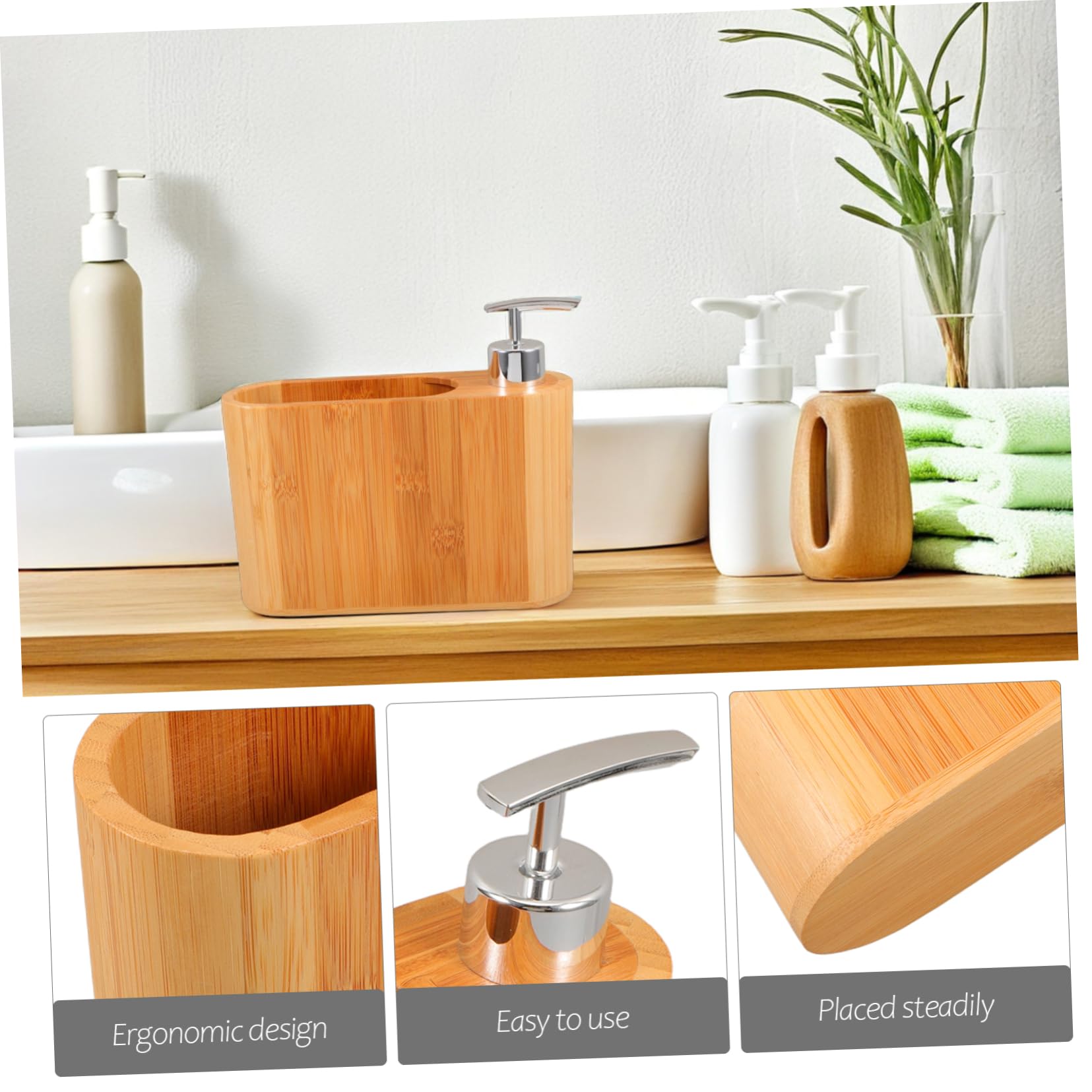Dispenser Sapone da Appoggio a Forma Ellittica in Legno e Plastica | Design Raffinato ed Ergonomico, per Bagno di Casa, Forma Ellittica Decorativa