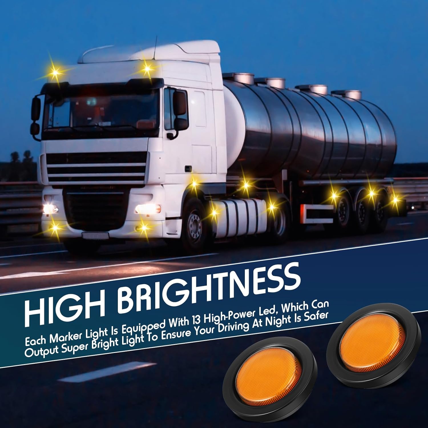 Retisee 16 Pcs 2.5 Round Clearance Lights 13 LED Front Rear Side Marker Indicators Lights Waterproof 12V Sealed Flush Mount Marker Lamps for Truck RV Car Bus Trailer Van Boat (Amber)