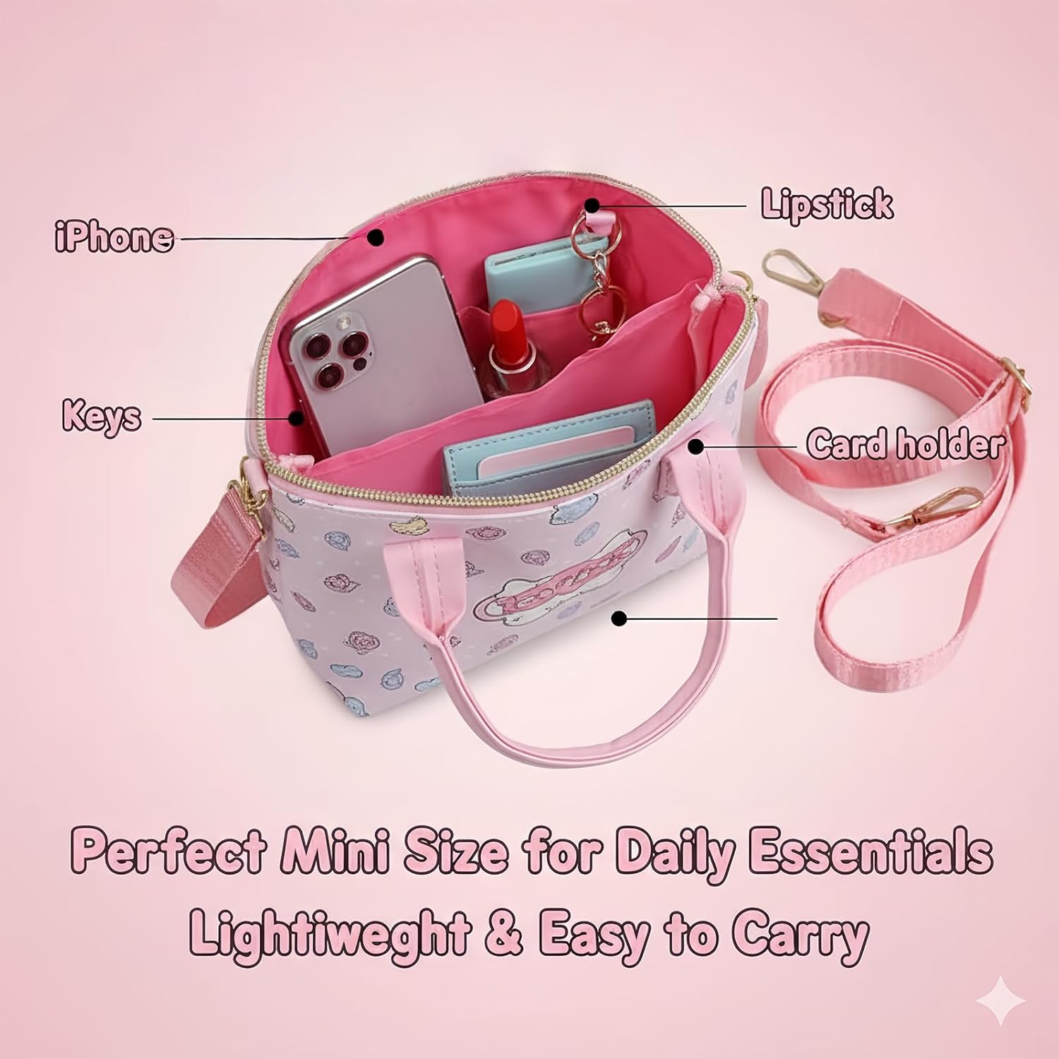 Cute Mini Pink Crossbody Bag with Pom Pom Keychain – Soft PU Leather Shoulder Messenger Purse for Women & Girls - Image 6