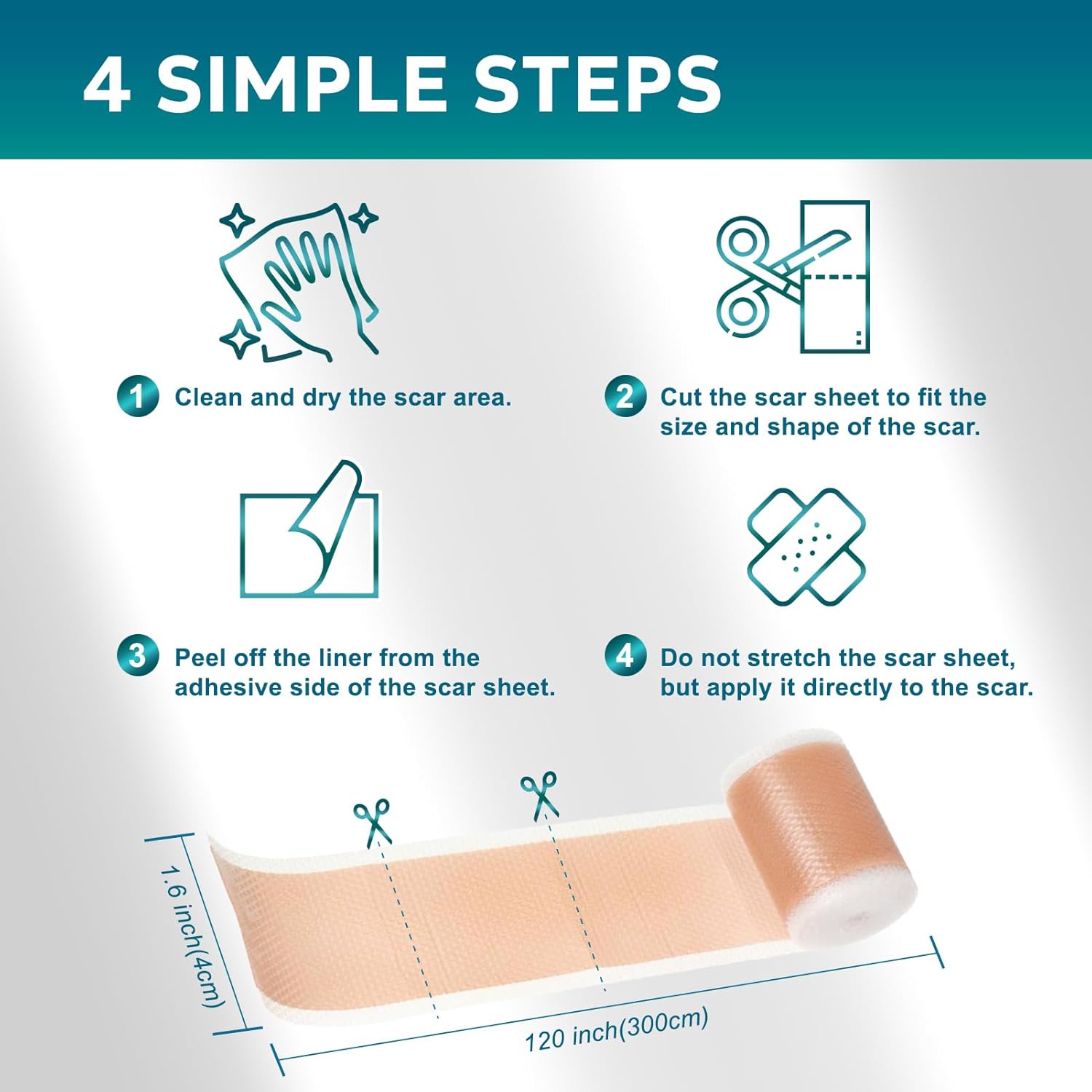 Silicone Scar Sheets, Silicone Scar Tape(1.6"x 120" Roll-300CM), Silicone Tape for Scars, Scar Tape for Surgical Scars, Silicone Scar Strips for C-Section, Tummy Tuck, Keloid, and Surgical Scars - Image 5