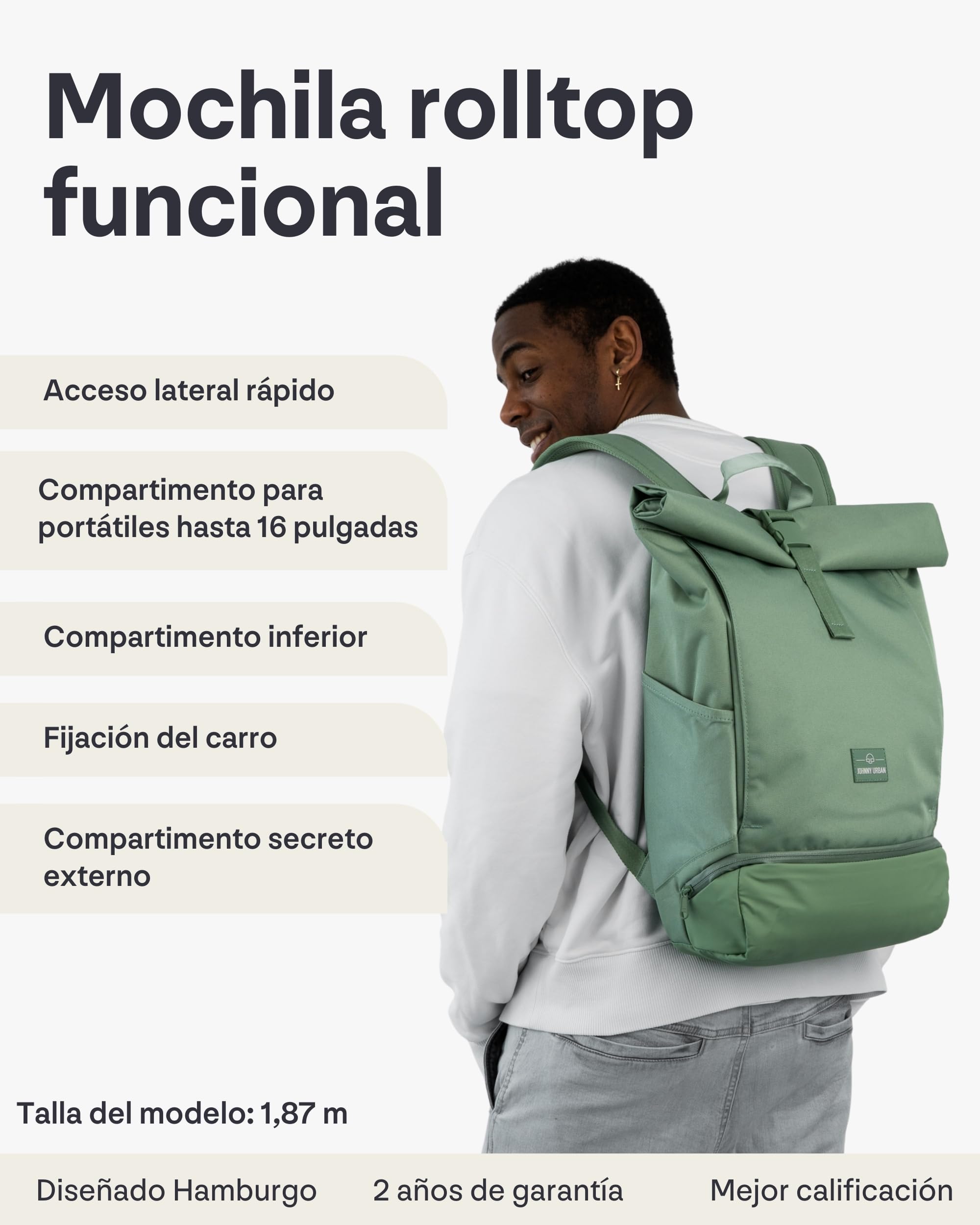 Johnny Urban Mochila Enrollable Mujer Hombre Verde - Allen Large - Grande Bolso para Escolar, Universidad, Trabajo - Compartimento para Portátil - Repelente al Agua