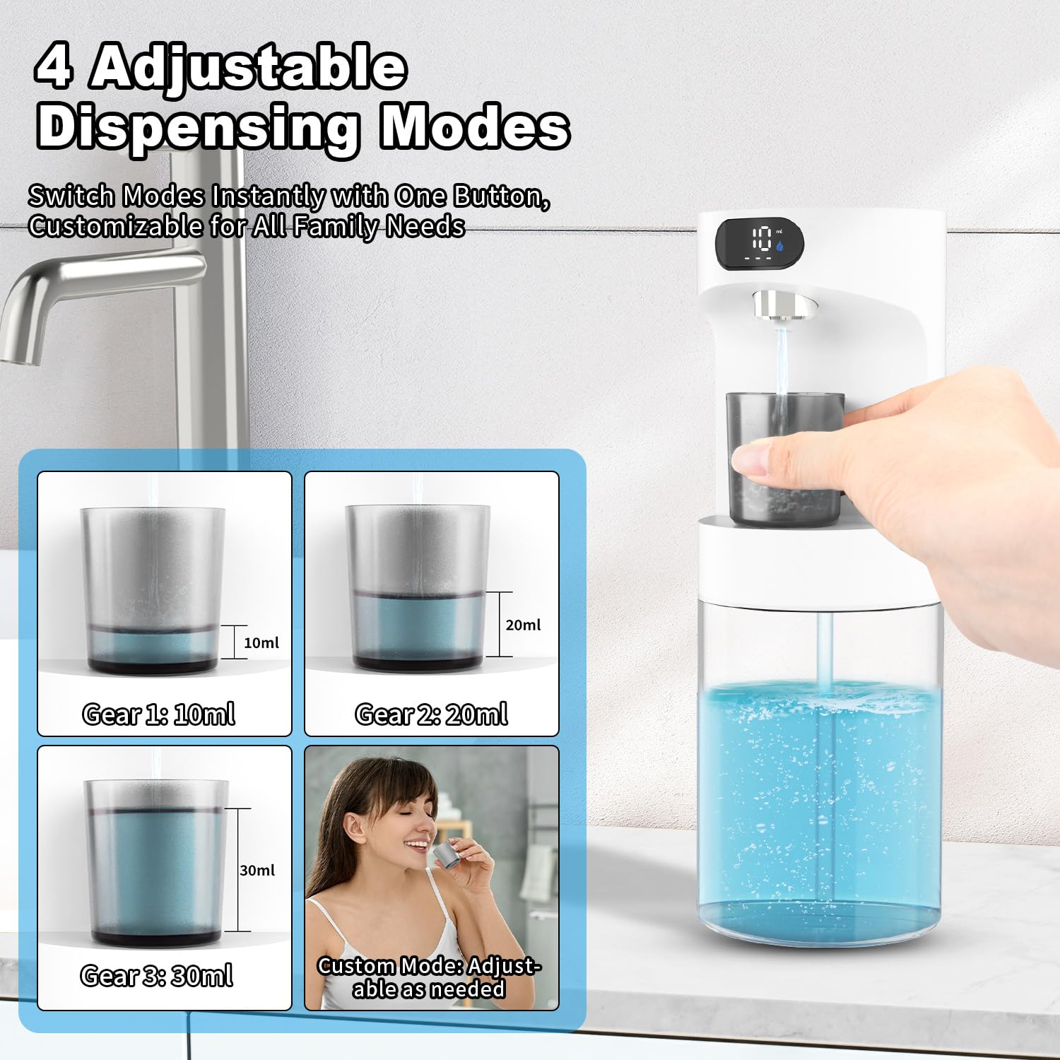 Dalugo Distributeur automatique de bain de bouche pour salle de bain, 600 ml, fixation murale sans contact, avec 2 gobelets magnétiques, distributeur de mouthwash blanc pour enfants et adultes