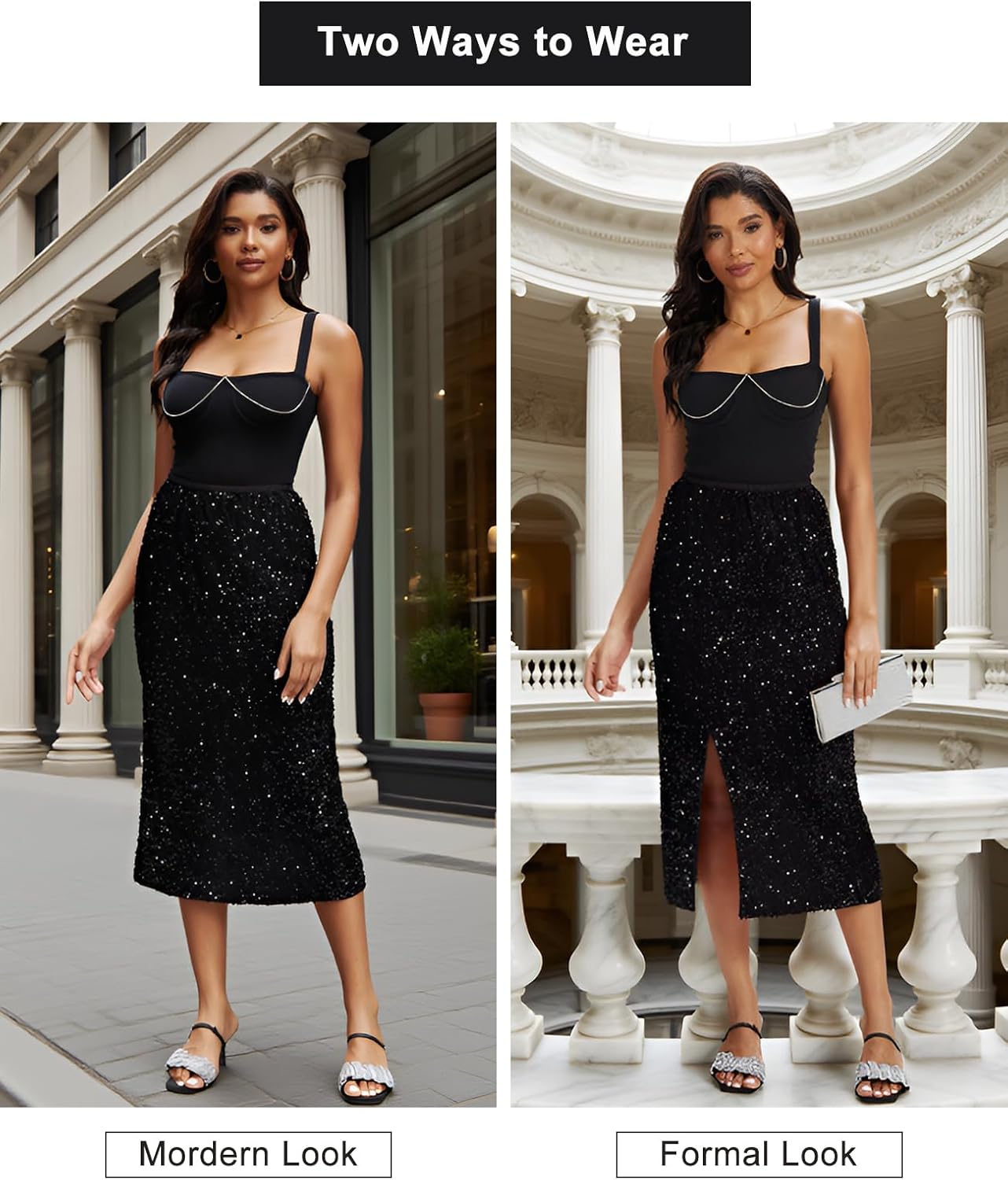 Women's Sequin Velvet Midi Skirt Elastic High Waist Night Out Split Hem Party Skirts - Image 3