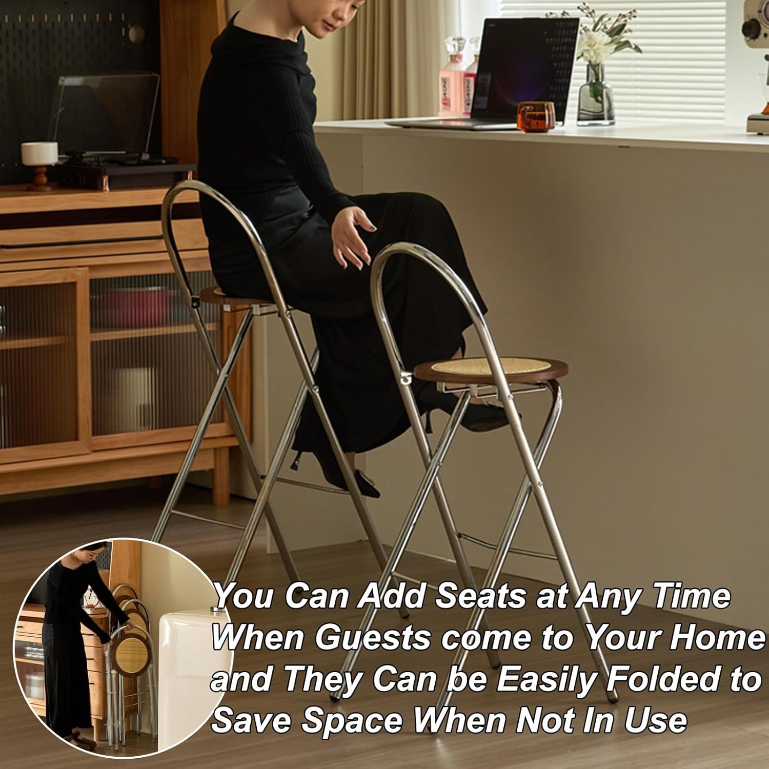 Portable Folding Counter Stools with Rattan Cushion - No Assembly Required, Strong Load-Bearing Capacity for Indoor Dining & Patio - Walnut Finish, 29.5in Height