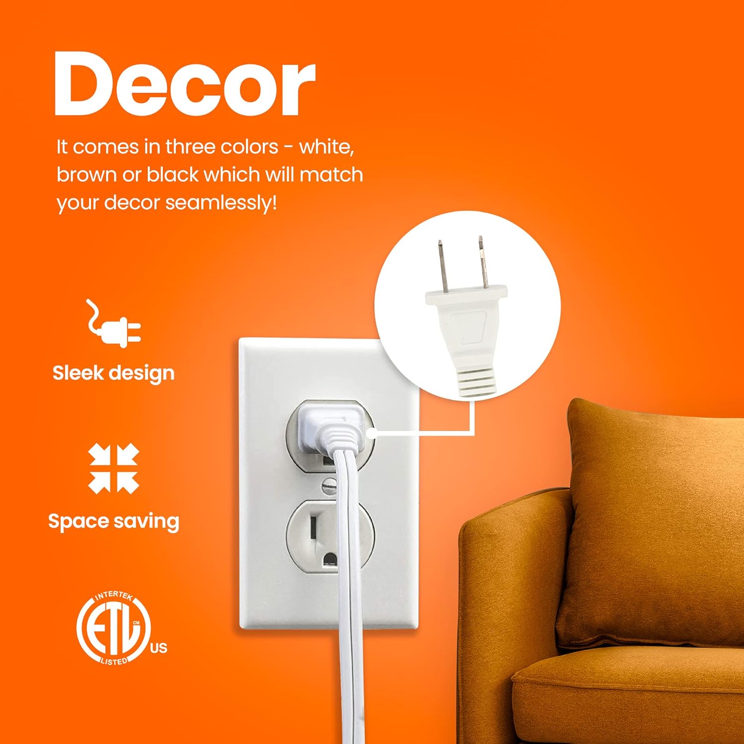 25 Feet White Extension Cord, 3 Outlet, 2 Prong, 16 Gauge Cable, 3 Receptacle Cube Tap, Indoor use, (2 Pack) - by Revpex