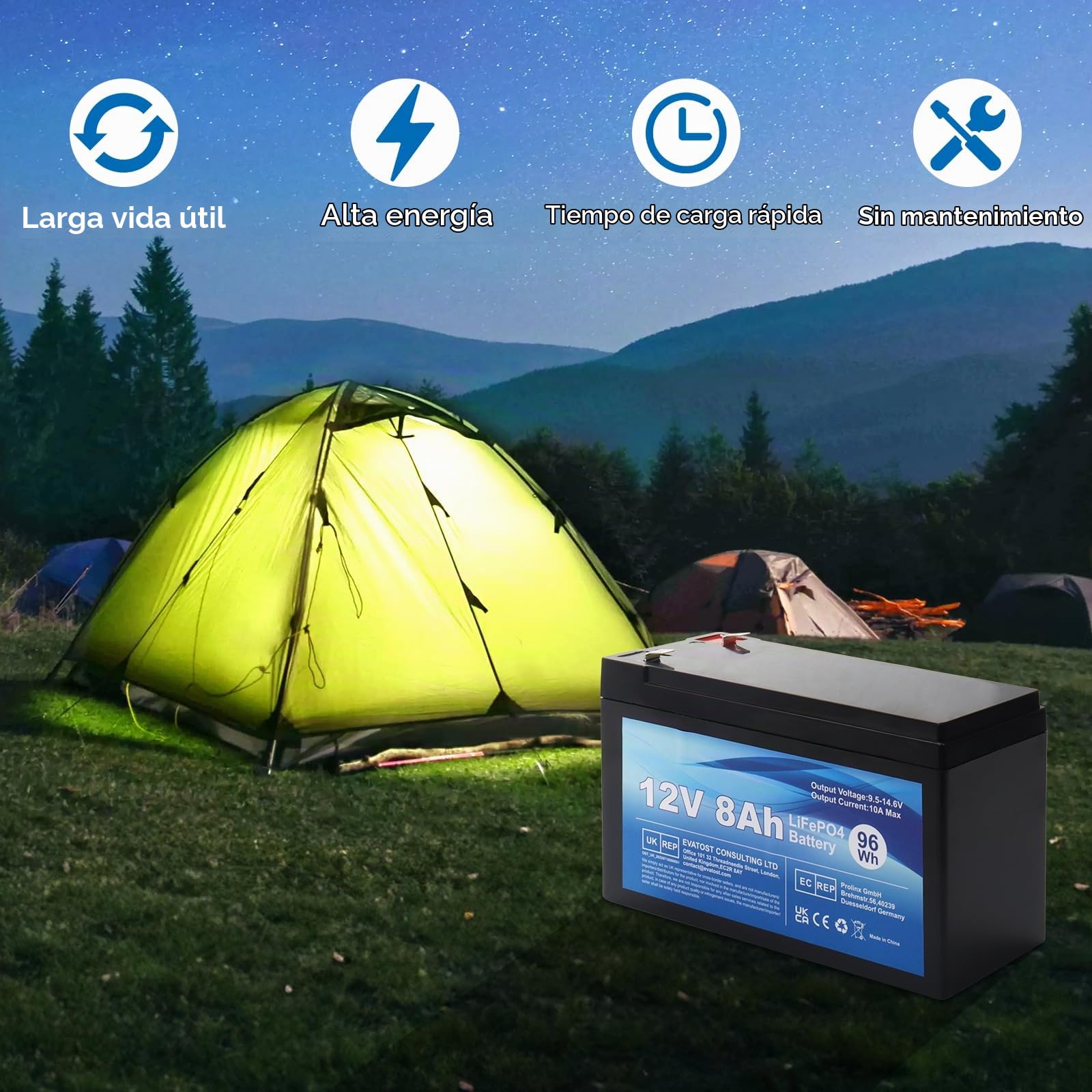 LiFePO4 12V 8Ah Batería recargable Fosfato de hierro y litio con BMS para automóvil para niños, ciclo profundo 4000 para energía solar, sistema de alarma, camping, buscador de peces
