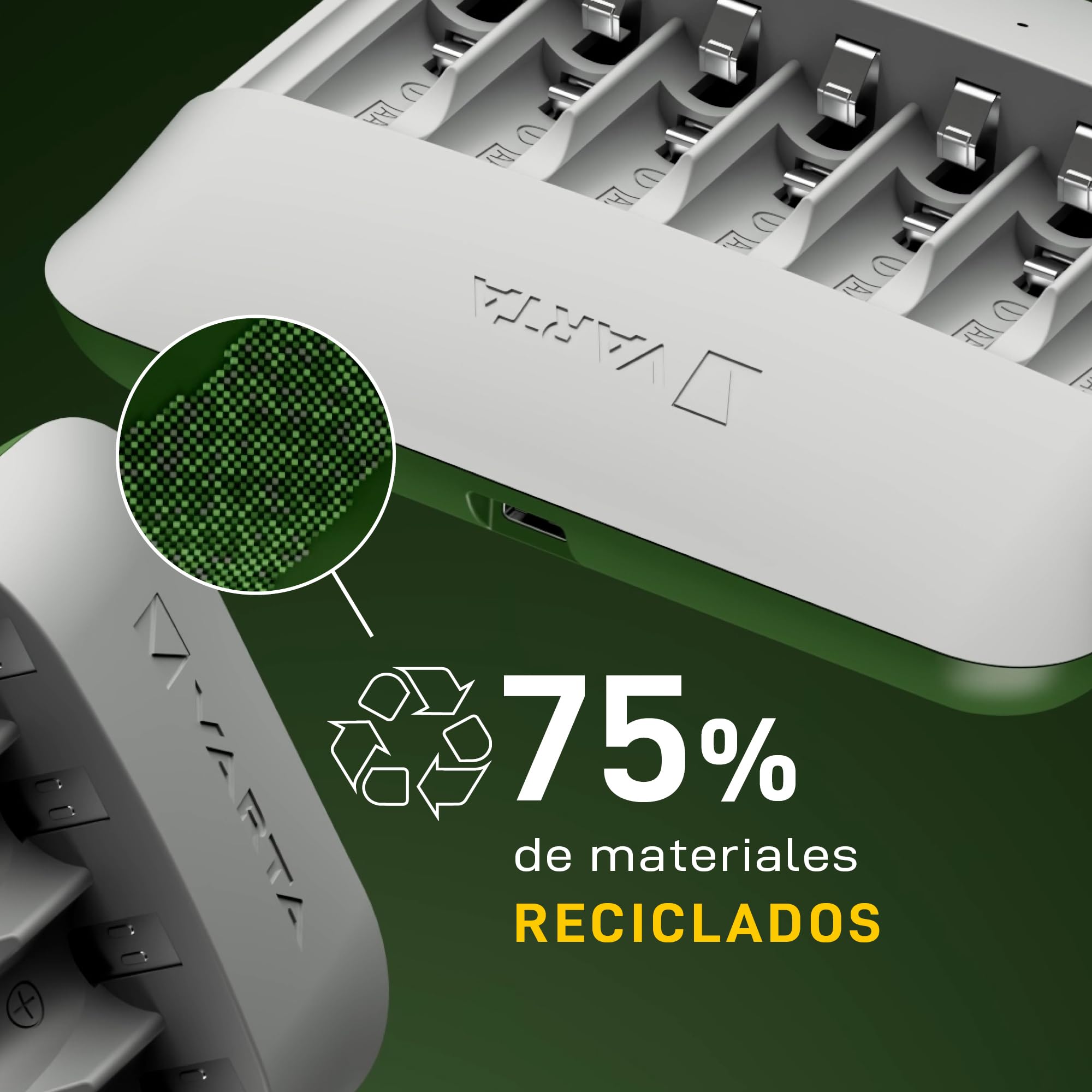 VARTA Cargador para 8 AA/AAA Pilas Recargables, Eco Charger Multi Recycled | para pilas recargables NiMH, 75 % de material reciclado, Incl. 8x AAA 2100 mAh