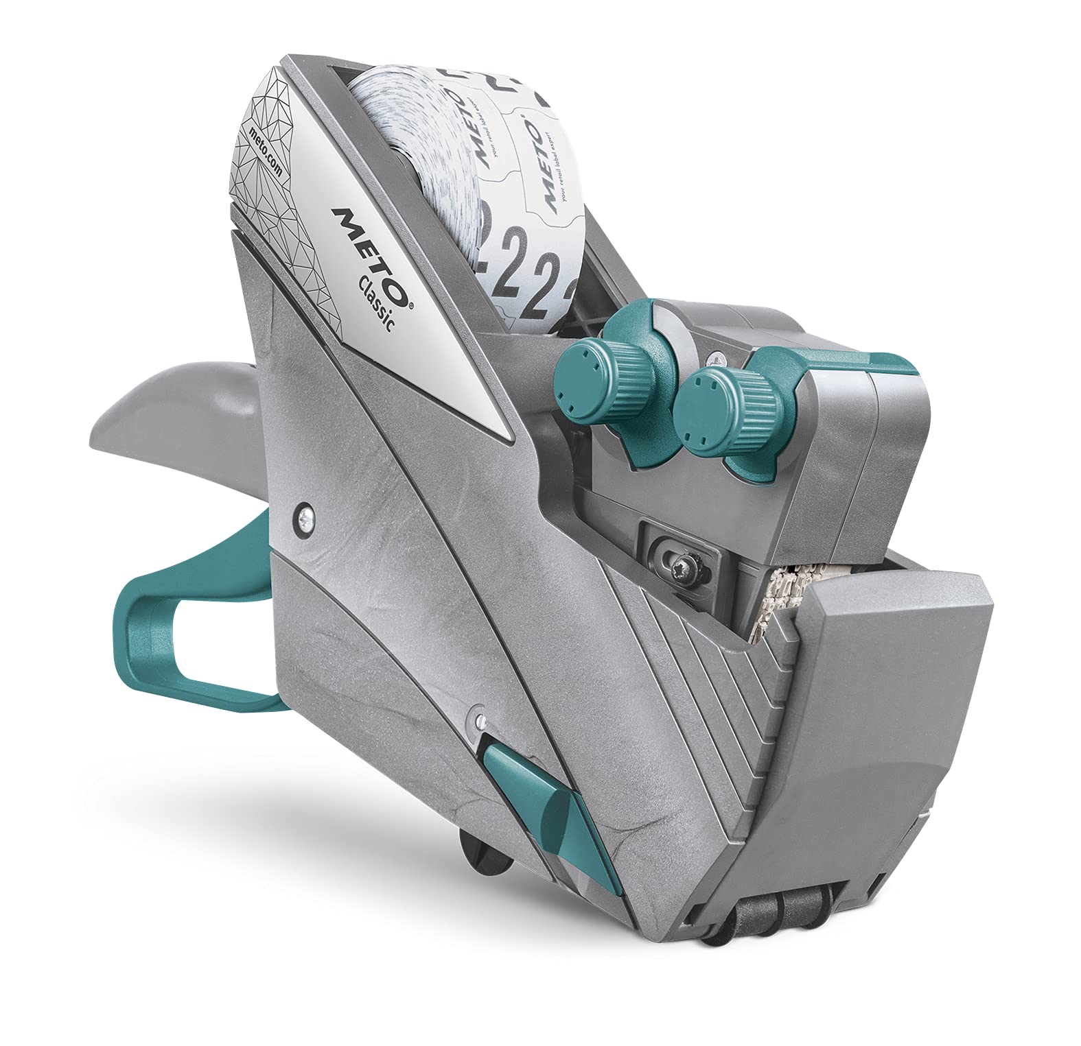 Meto Original Classic XL Giant Preisauszeichner Set – Preis, Rabatt (2-zeilig, 18-stellig für 29 x 28 mm Etiketten, sofort einsatzbereit), 1x Handauszeichner, Silber-Teal