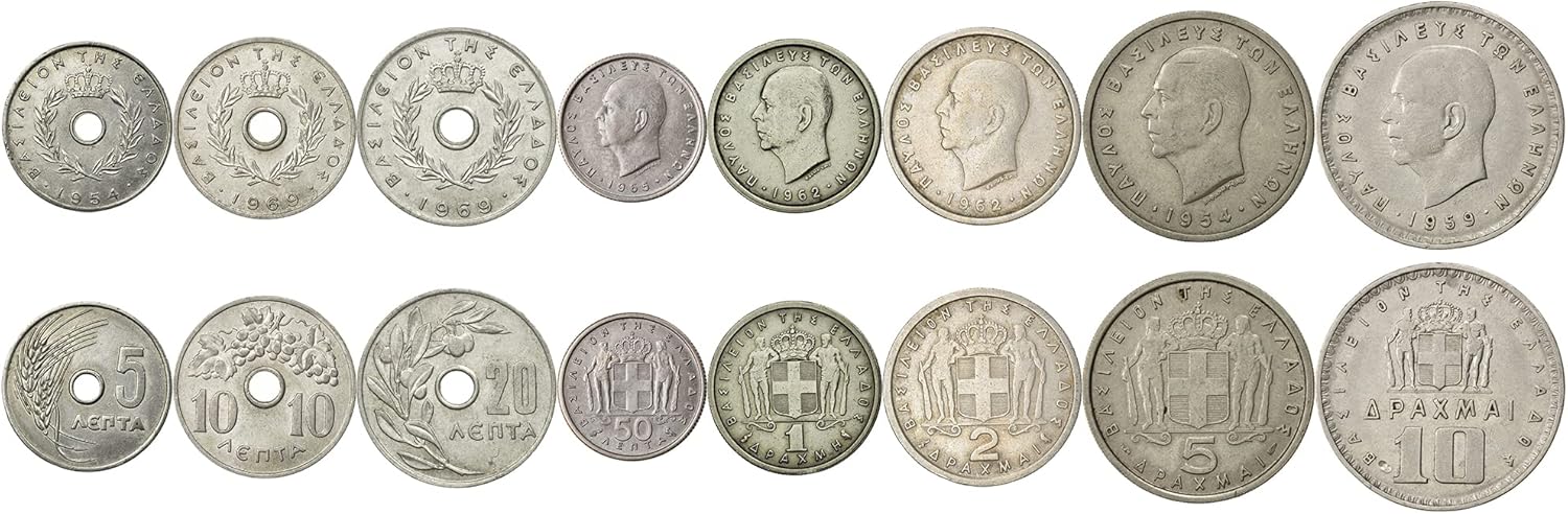 7 Coins from Greece | Greek Coin Set Collection 10 20 50 Lepta 1 2 5 10 Drachmai | Circulated 1966-1971 | Constantine II