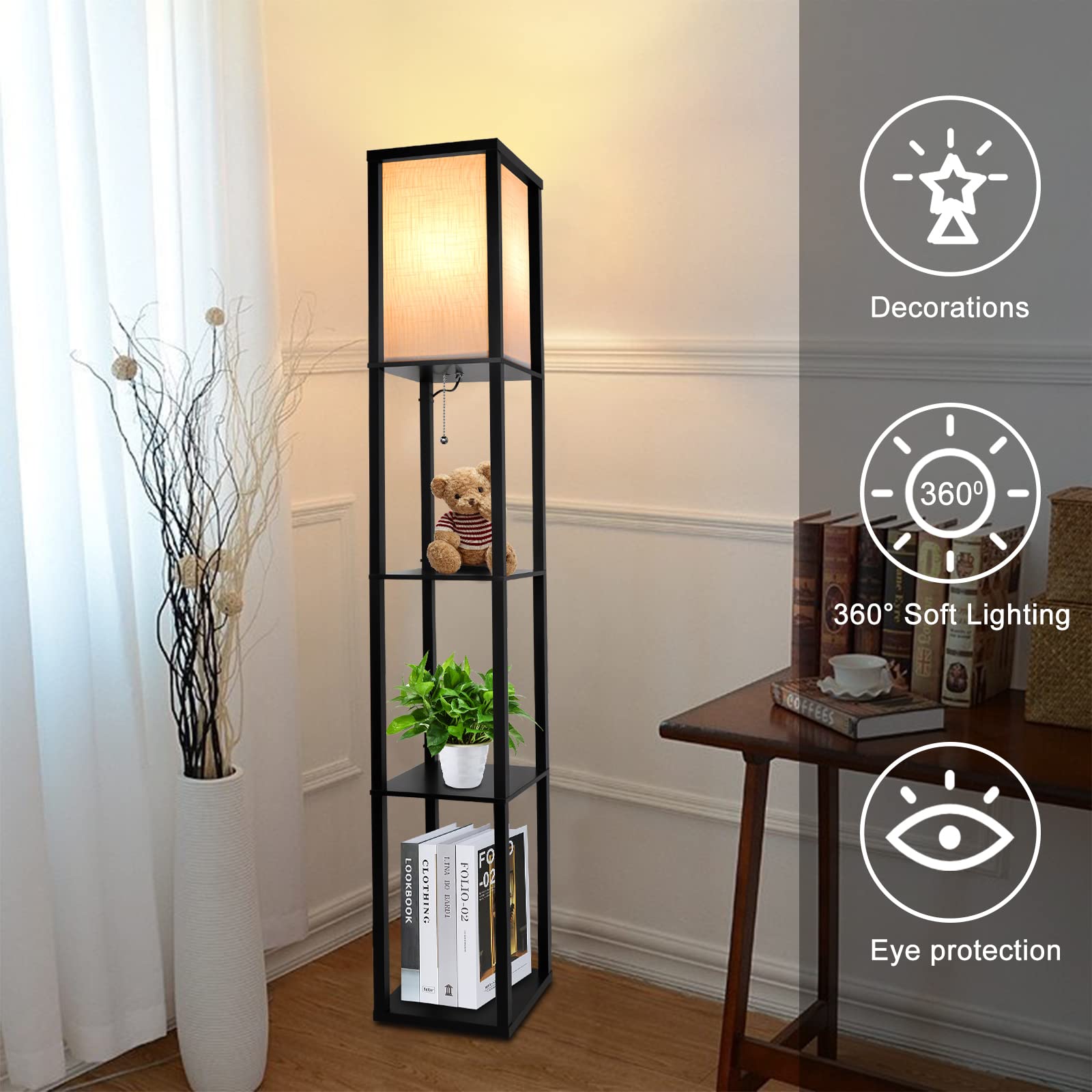 Drewniana lampa podłogowa LED, 1,62 m lampa podłogowa z 3 półkami, lampa stojąca 3 temperatury barwowe (z żarówką E27 3000K-5000K) Dekoracja Lampka nocna do salonu Sypialnia Biuro