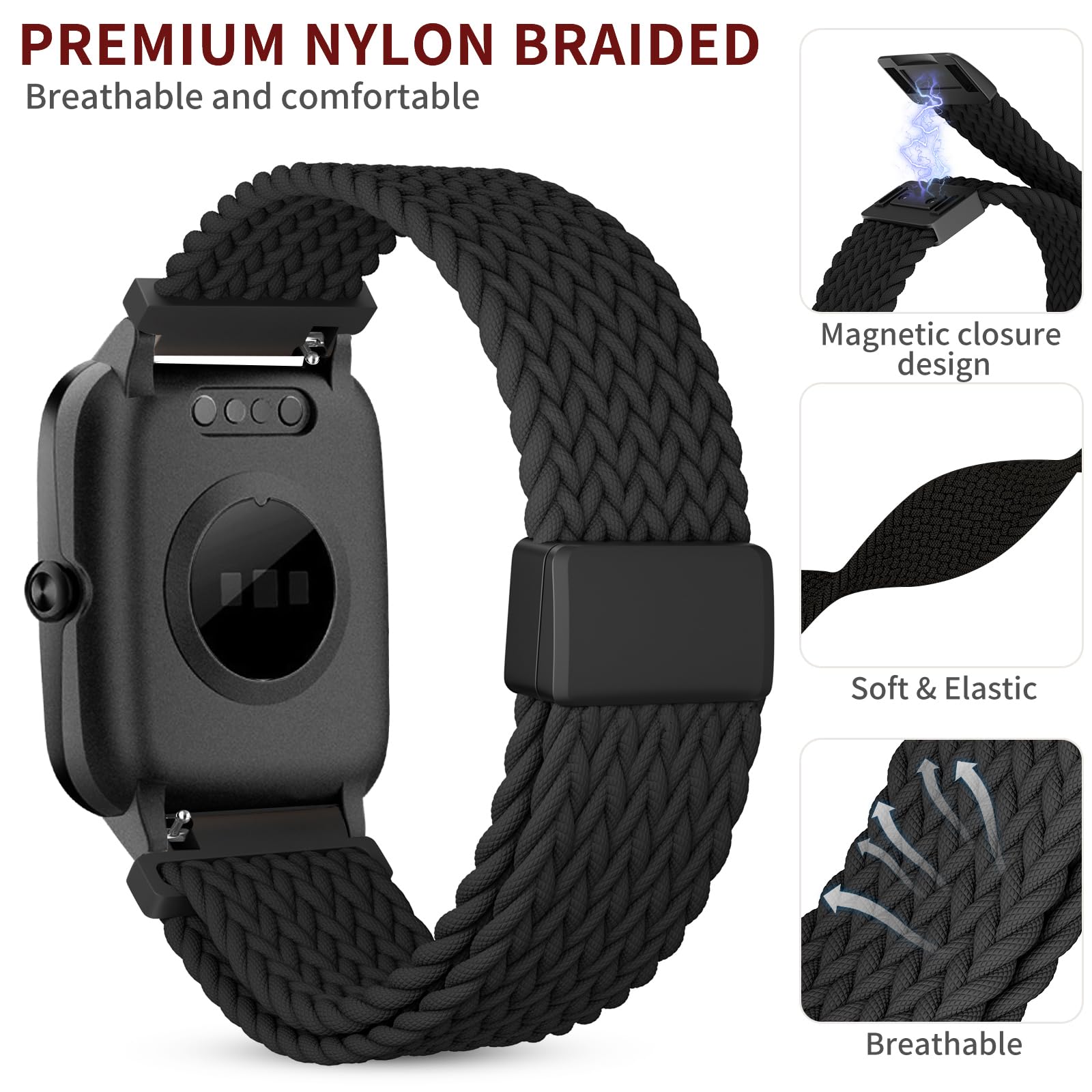 CUNUJIX Braided Watch Bands Compatible with Veryfitpro ID205L,19mm, Loop Magnetic Stretchy Nylon Elastic Fabric Strap for Willful YAMAY SW020 SW021 SW023 SW025 ID205 ID205L ID205S ID205U Women Men