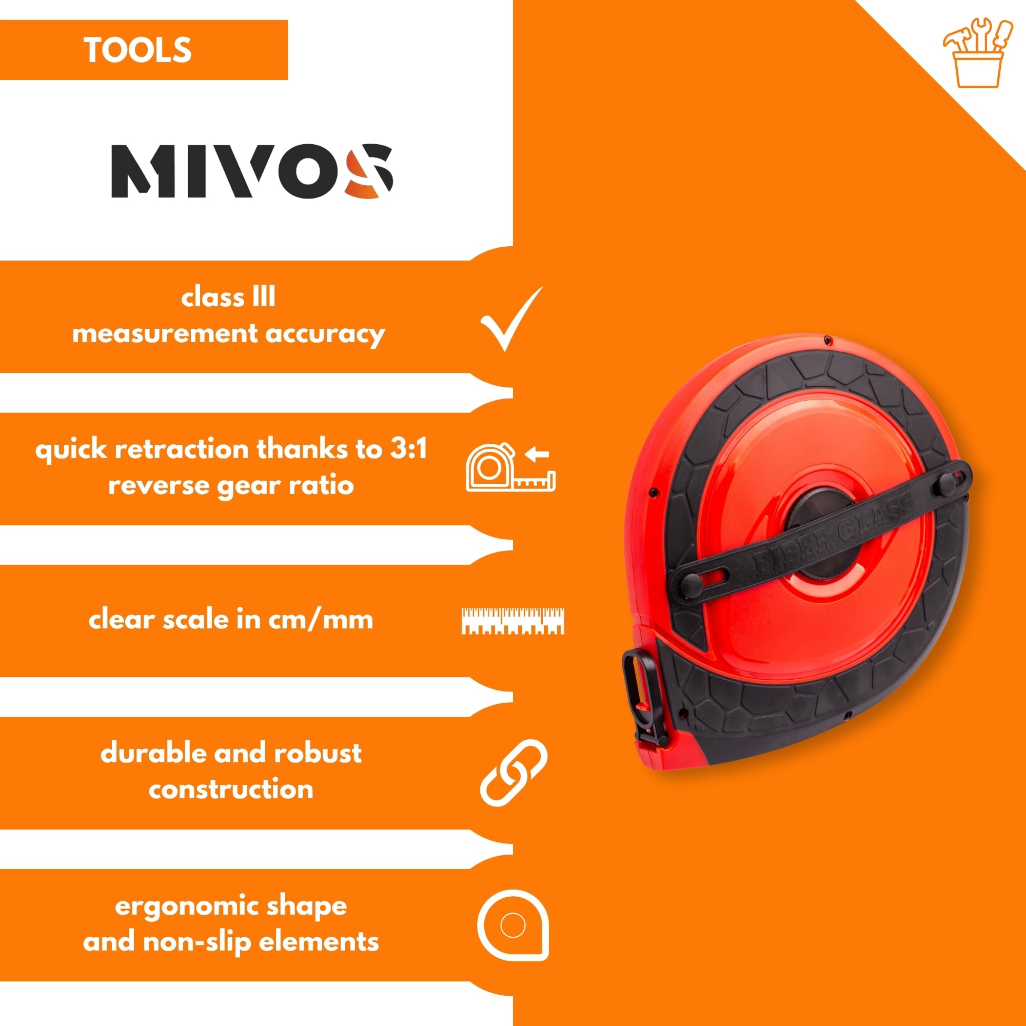 MIVOS Mètre Ruban 50m Robuste - Mètre Enrouleur Fibre De Verre Avec Manivelle Pliable Et Boîtier ABS