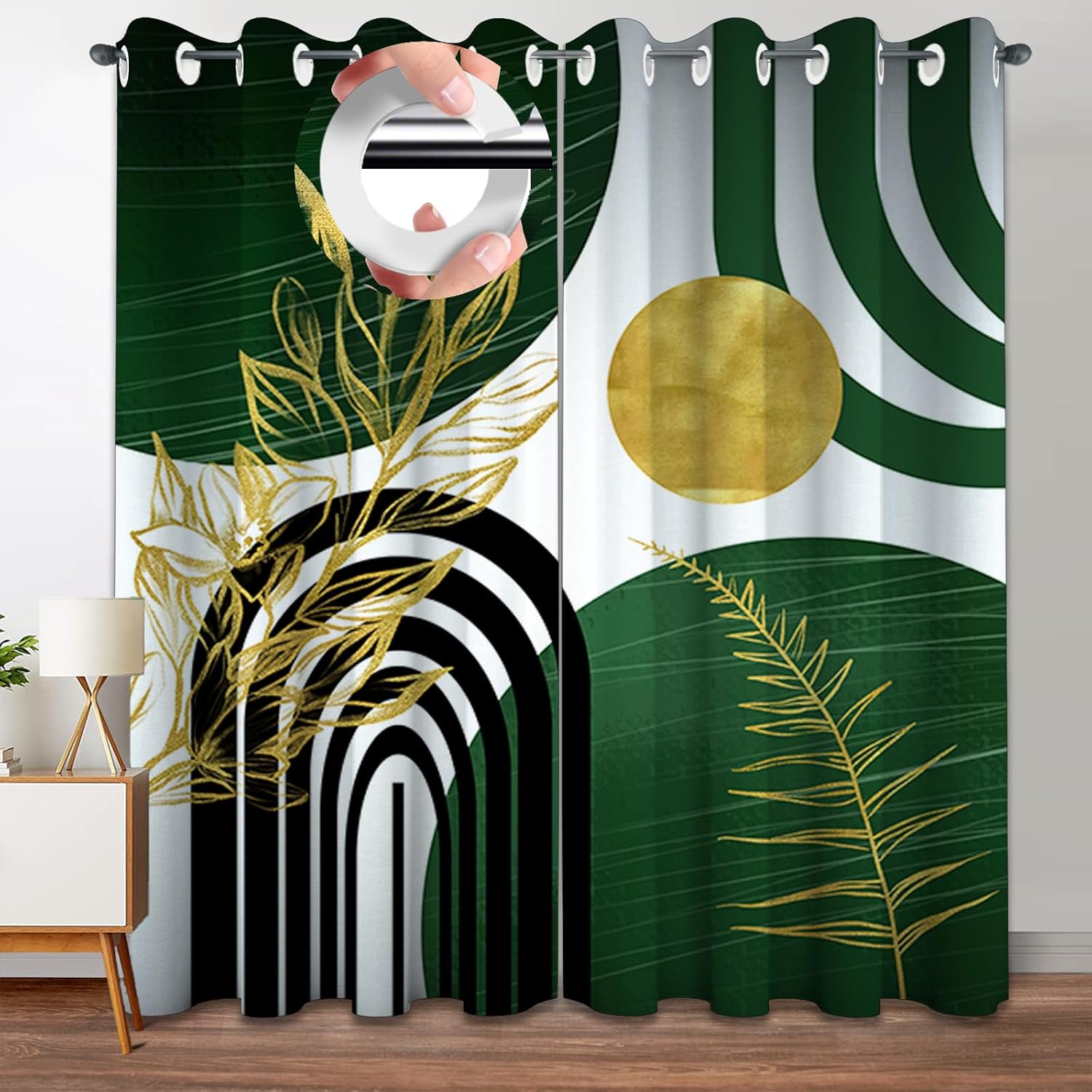 Green and Gold Patterned Blackout Curtains Boho Mid Century Modern Aesthetic Window Drapes for Bedroom Living Room Black Out 63 Inch Length 2 Panels Set, 63 X 52 Inch,