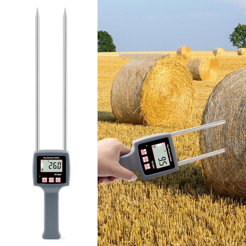 FACAIIO TK100H - Medidor de humedad de heno portátil, pantalla LCD retroiluminada, precisión basada en la conductividad para compensación automática de temperatura