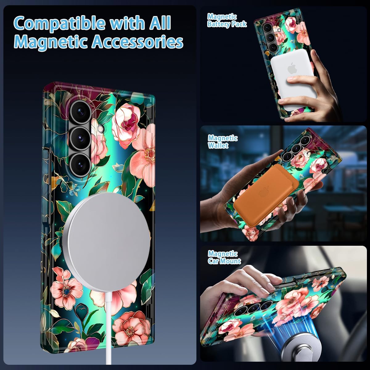 Hekodonk for Galaxy Z Fold 7 Case,[Compatible with MagSafe][Built-in Screen Protector][Hinge Protection],Magnetic Slim Shockproof Women Girls Case for Samsung Galaxy Z Fold 7,Pink/Green