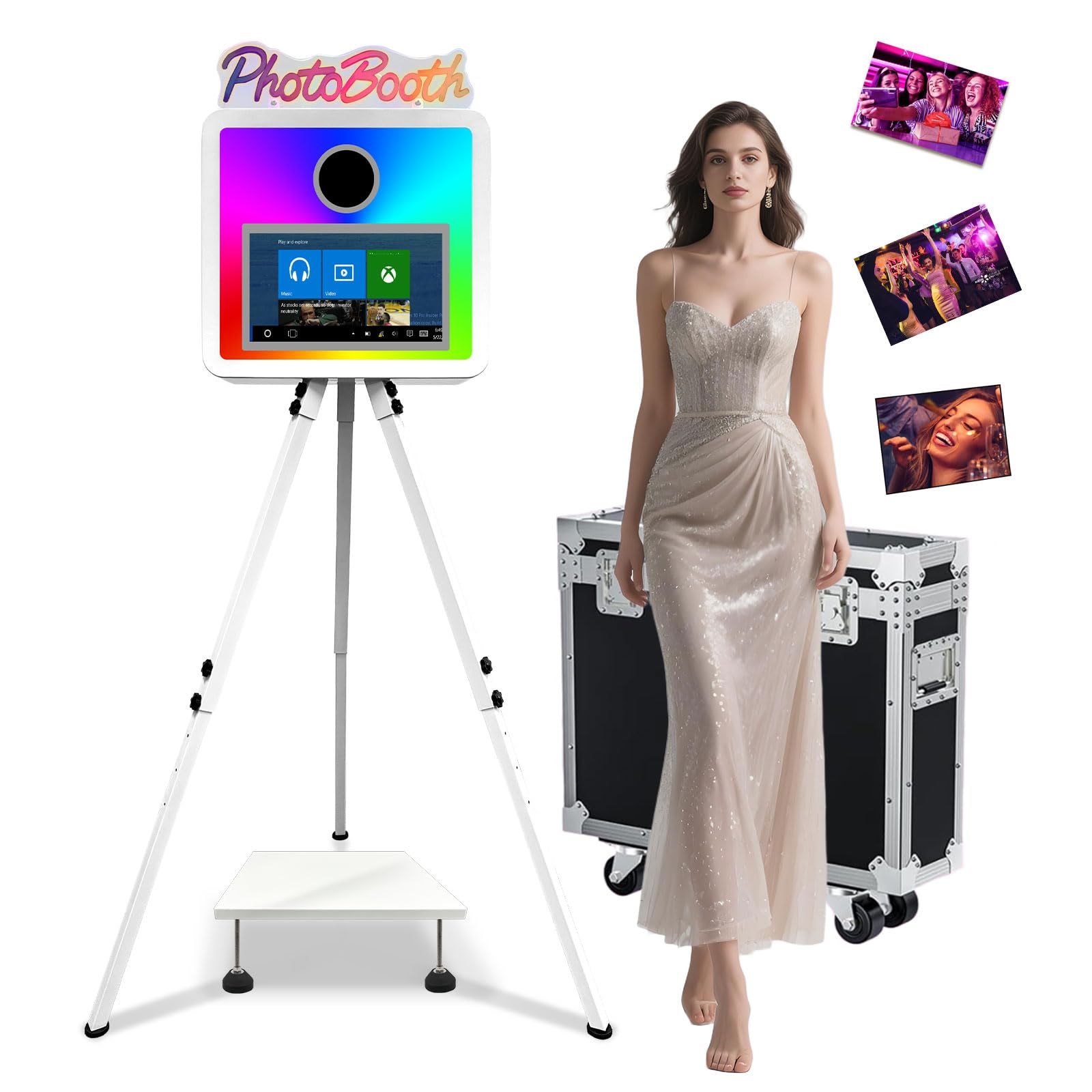 Lampa RGB "PhotoBooth" z ekranem dotykowym 15,6 cala do selfie DSLR, fotobudka, przenośna fotobudka, wbudowany mini komputer do wynajęcia imprez weselnych (biała, fotobudka)
