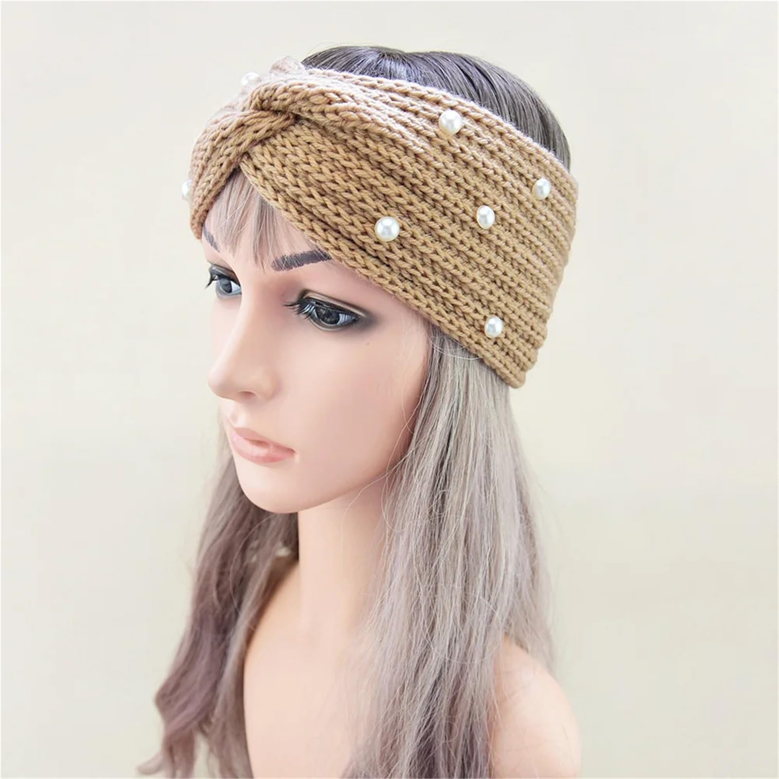 Stirnband 2/3 stücke Frauen Breite Gestrickte Kreuz Perle Stirnbänder Herbst Winter Warme Feste Haar Bands Ohr Wärmer Elastische Sport Turban Headwrap Winter Stirnband(Light Color-3pcs)