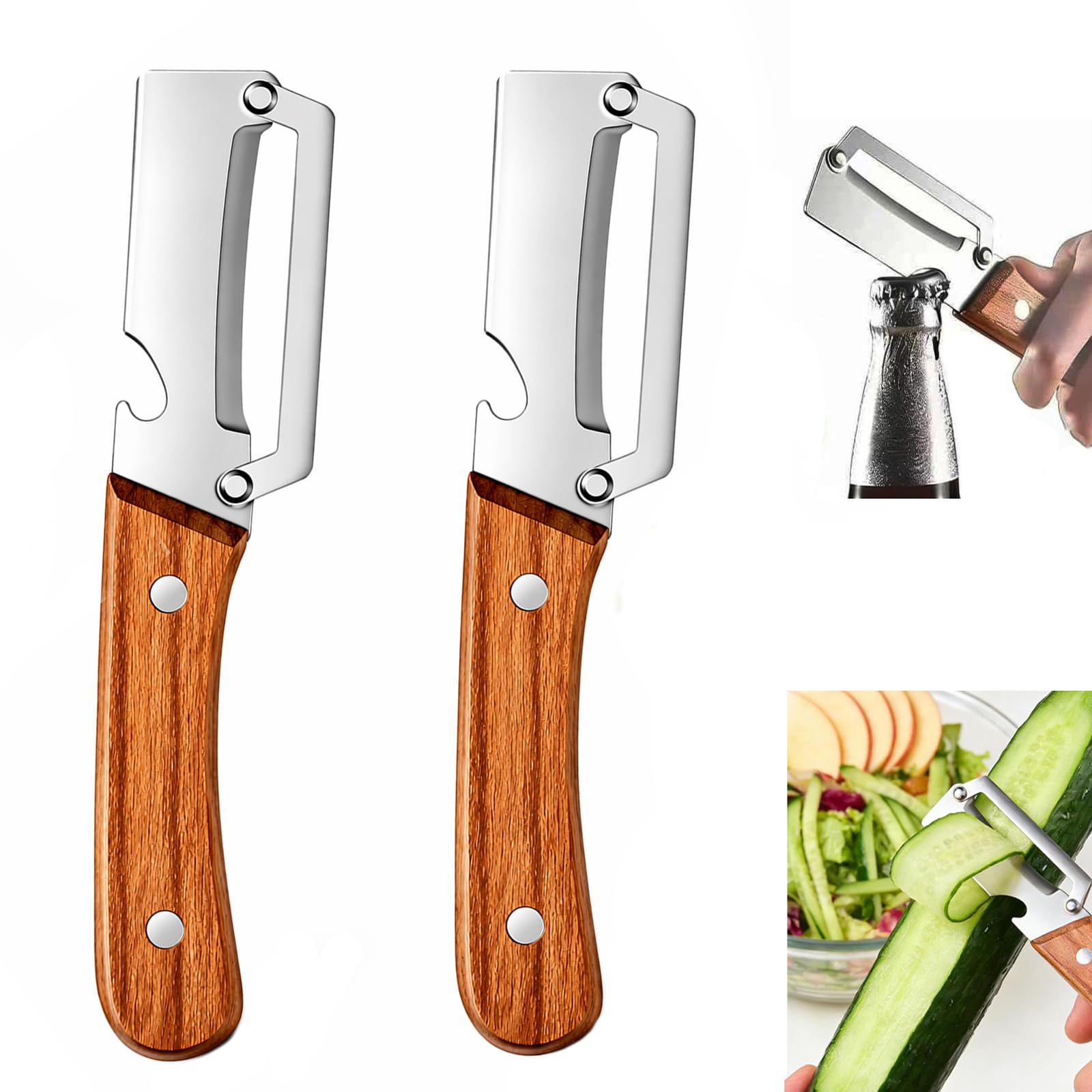 Multi-Functional Vegetable Peeler for Kitchen,Stainless Steel Multifunctional Peelers,Zero Snag Wooden Peeler,2-in-1 Multifunctional Stainless Steel Peeler with Bottle Opener (Wooden Color)