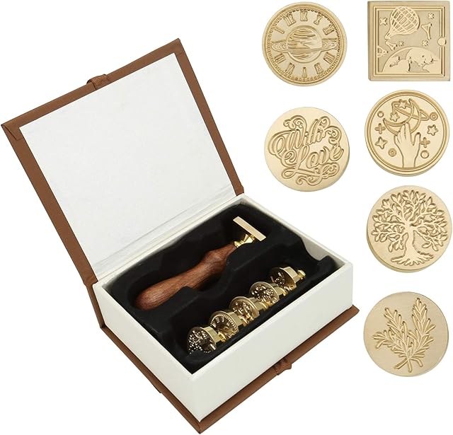 Mogokoyo Wax Sealing Stamps Set, 1 Piece Wooden Handle and 6 Pieces Removable Sealing Copper Head, Vintage Brass Seal Stamp Kit with Gift Box
