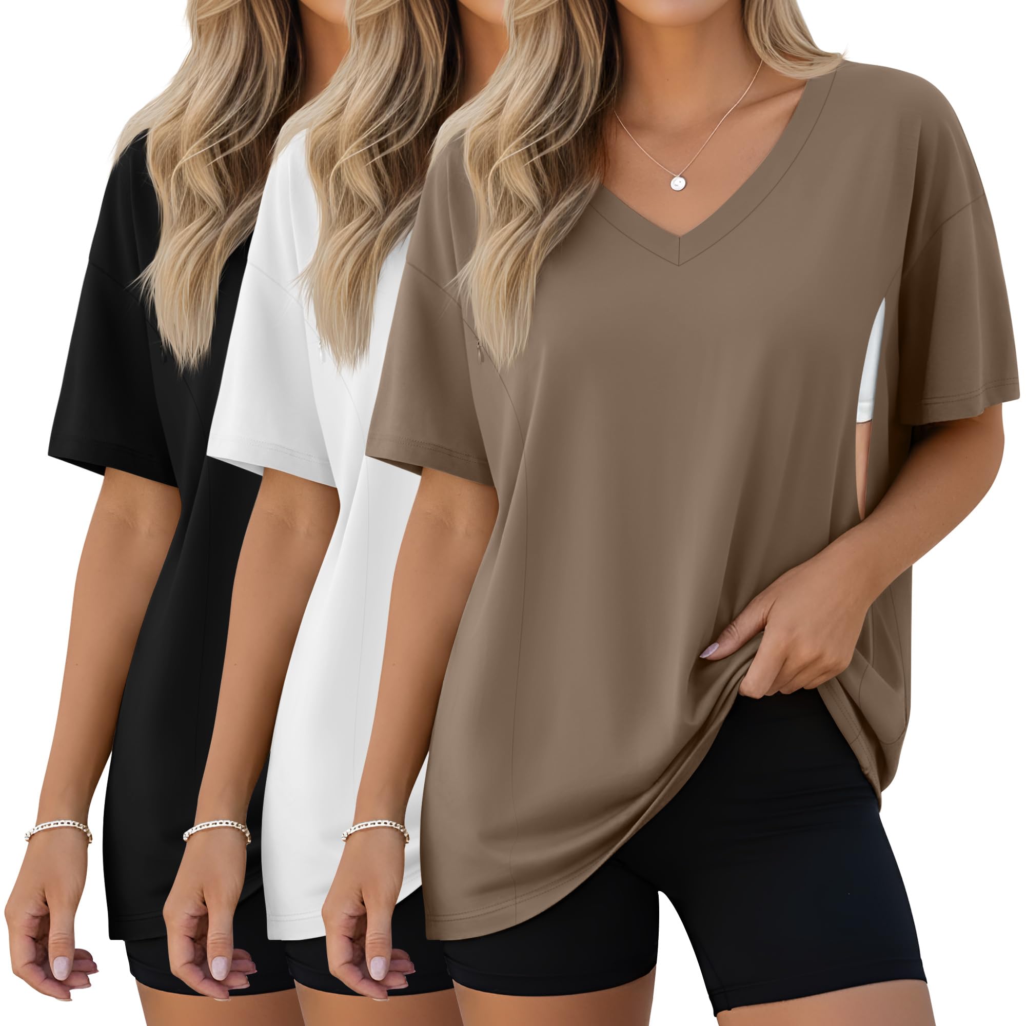 Photo 1 of Sweetyweee 3 Pack Women's Oversize Nursing Shirts for Breastfeeding with Hidden Zippers Loose Fit Short Sleeve Maternity Tops(Light Brown, White, Black,Small)