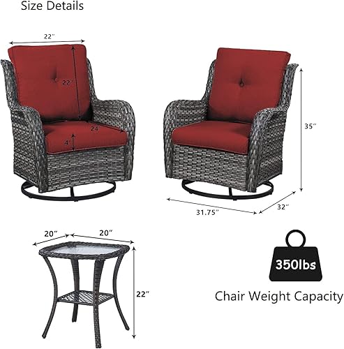 Miniatura 7 de HUMMUH Silla mecedora giratoria de ratán de 3 piezas para exteriores, juego de conversación de muebles de bistró de patio, silla de mimbre acolchada