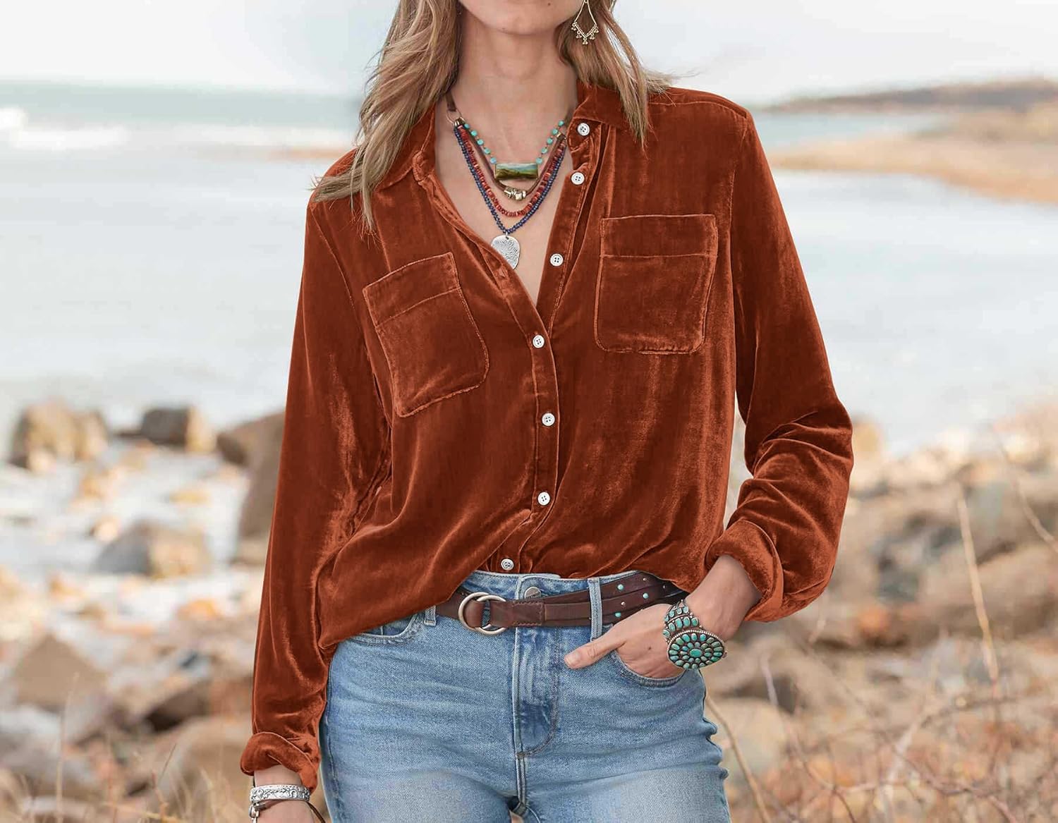 R.Vivimos Womens Winter Velvet Long Sleeve Button Down Casual Tops Shirts - Image 3