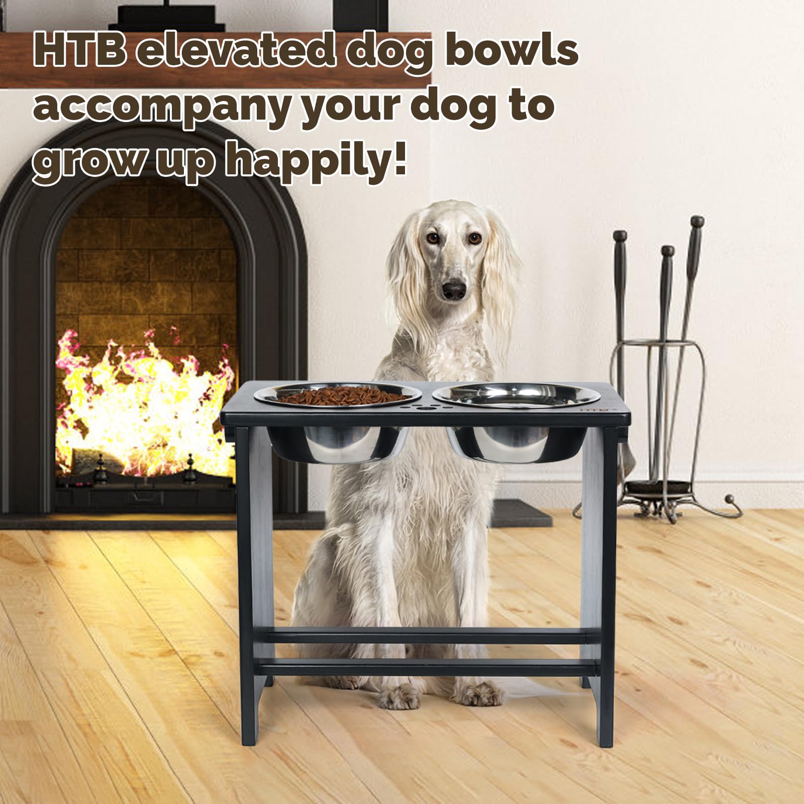 HTB Cuencos elevados extragrandes para perros con soporte, cuencos elevados de bambú para perros grandes, medianos y pequeños, comedero de bambú para mascotas con 2 cuencos de acero inoxidable, 43,99