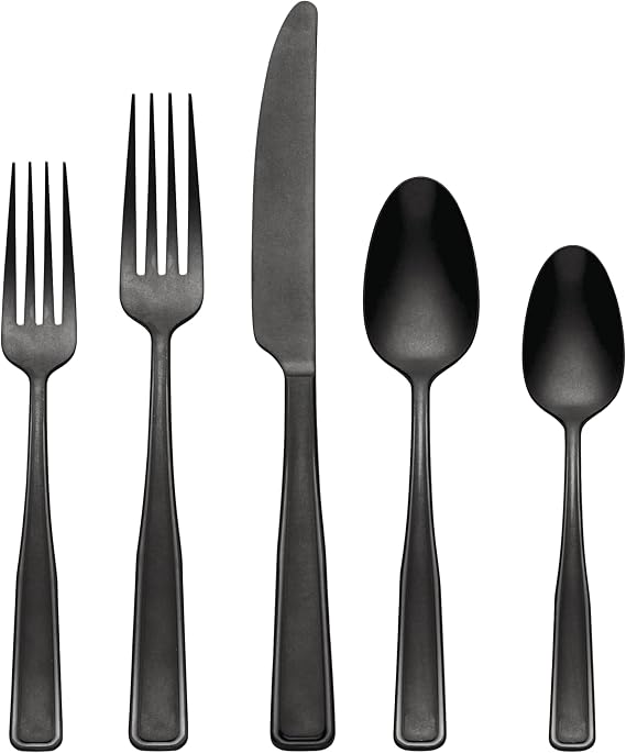Oneida Silverware Set, Reid Vintage Black Tumbled 20 Piece Flatware Set, Service For 4, 18/0 Stainless Steel, Dishwasher Safe, Cutlery Sets, Utensils Sets, Knives Spoons And Forks (Black, 20 Pieces)