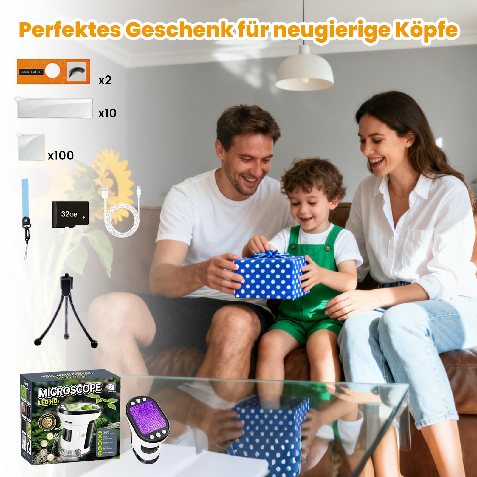 FIVAVA 1000X Mikroskop für Kinder, tragbares Digitales Mikroskop mit 2,0-Zoll-IPS-Display, Kinderlupe, USB-aufladbar, inkl. Objektträgerset, 32G-Speicherkarte und Ständer, Kids-Gartenspielzeug