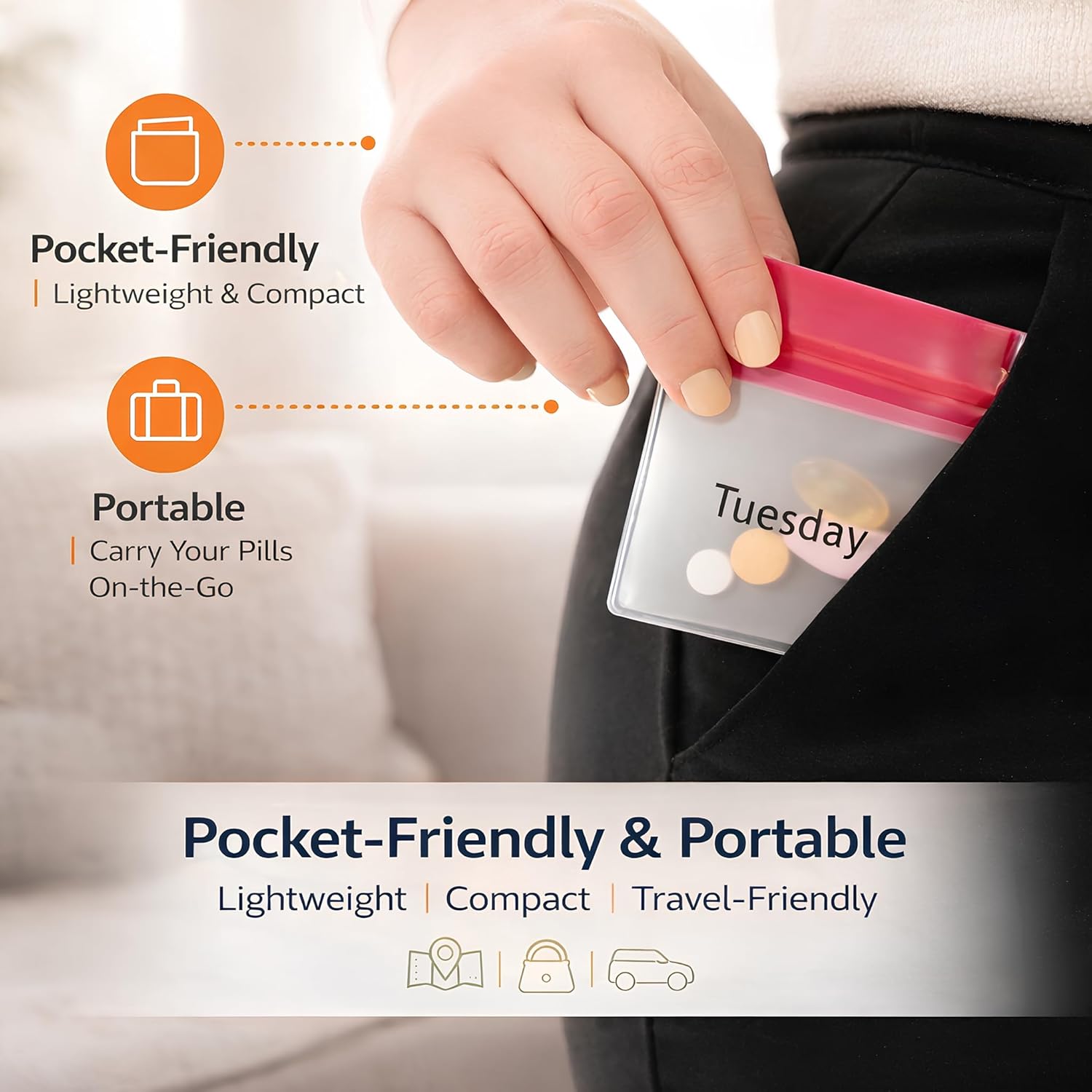 7 Day Pill Pouches Set with Labels, Reusable Silicone Pill Pouch Bags, Travel Medicine Organizer with Pill Cutter, Durable Vitamin Bags for Daily Dose