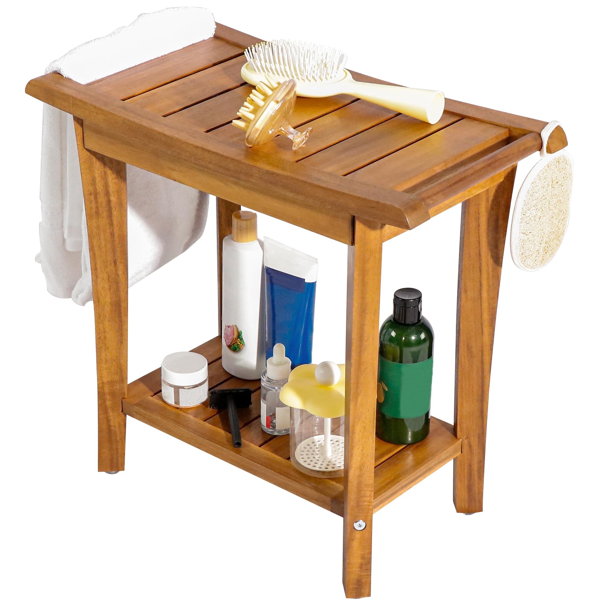 VICTORY RELAX Shower Stool Wood, 2-Tier Wooden Shower Bench for Inside Bathroom Sitting, Heavy Duty Chair with Storage Shelf, Acacia Wood Waterproof - Natural