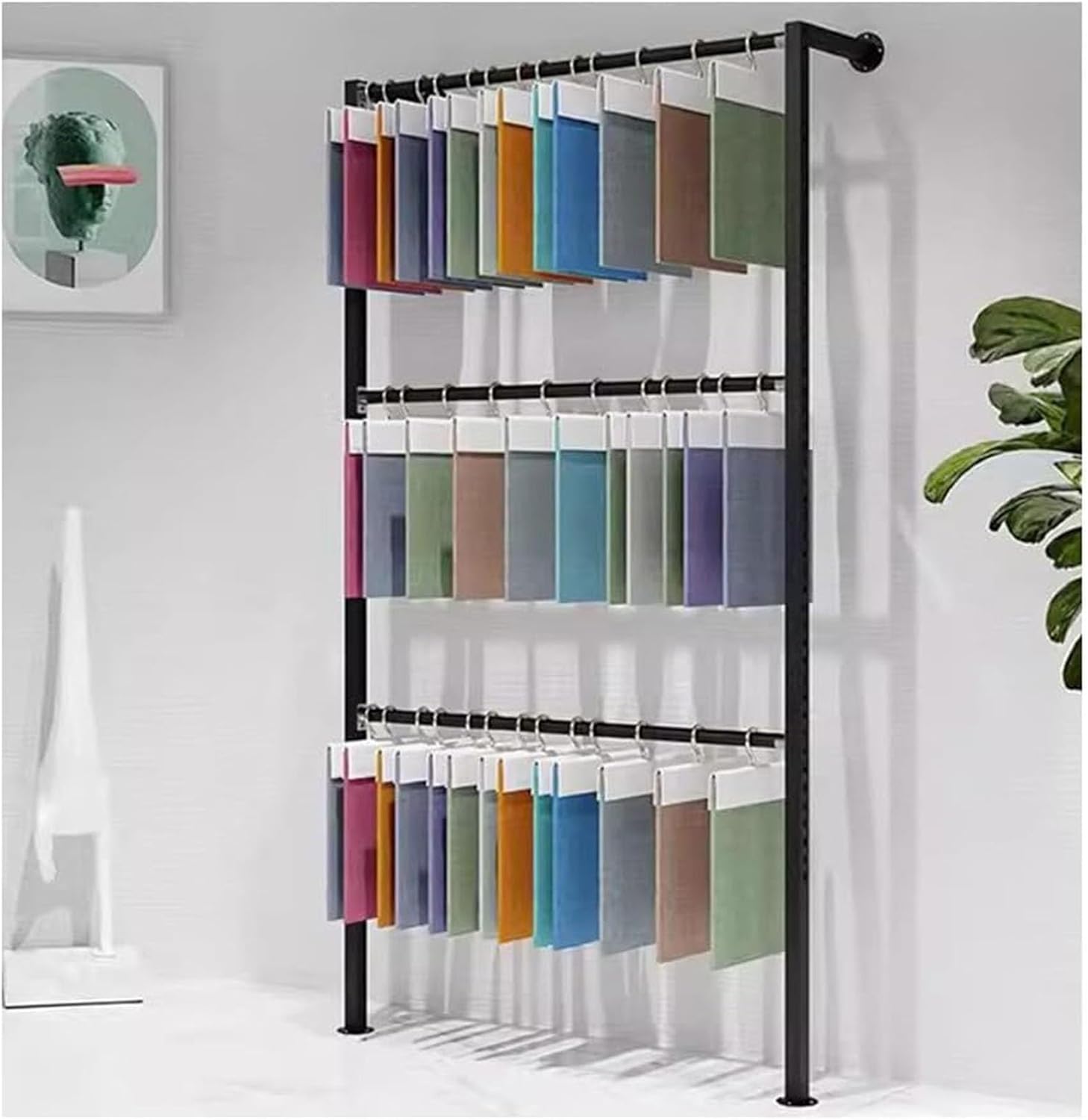 Adjustable Wall-Mounted Fabric Sample Display Rack, Versatile Scarf & Underwear Organizer for Retail Stores & Boutiques (Black, 100x25x200cm)