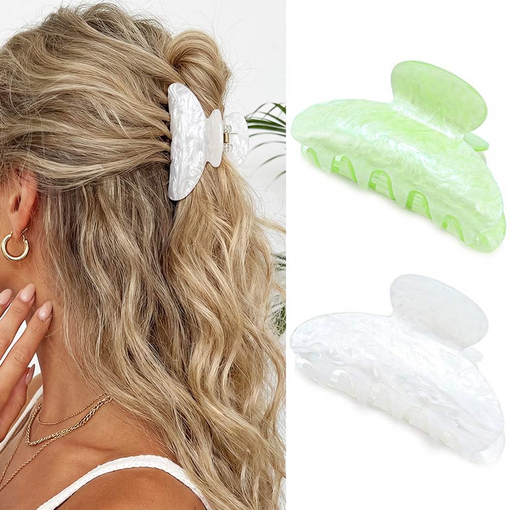 CAKURE Acrylic Hair Clips White Claw Clips Medium Hair Claw Clip Styling Hair Accessories for Women (Pack of 2) (a-white&green)