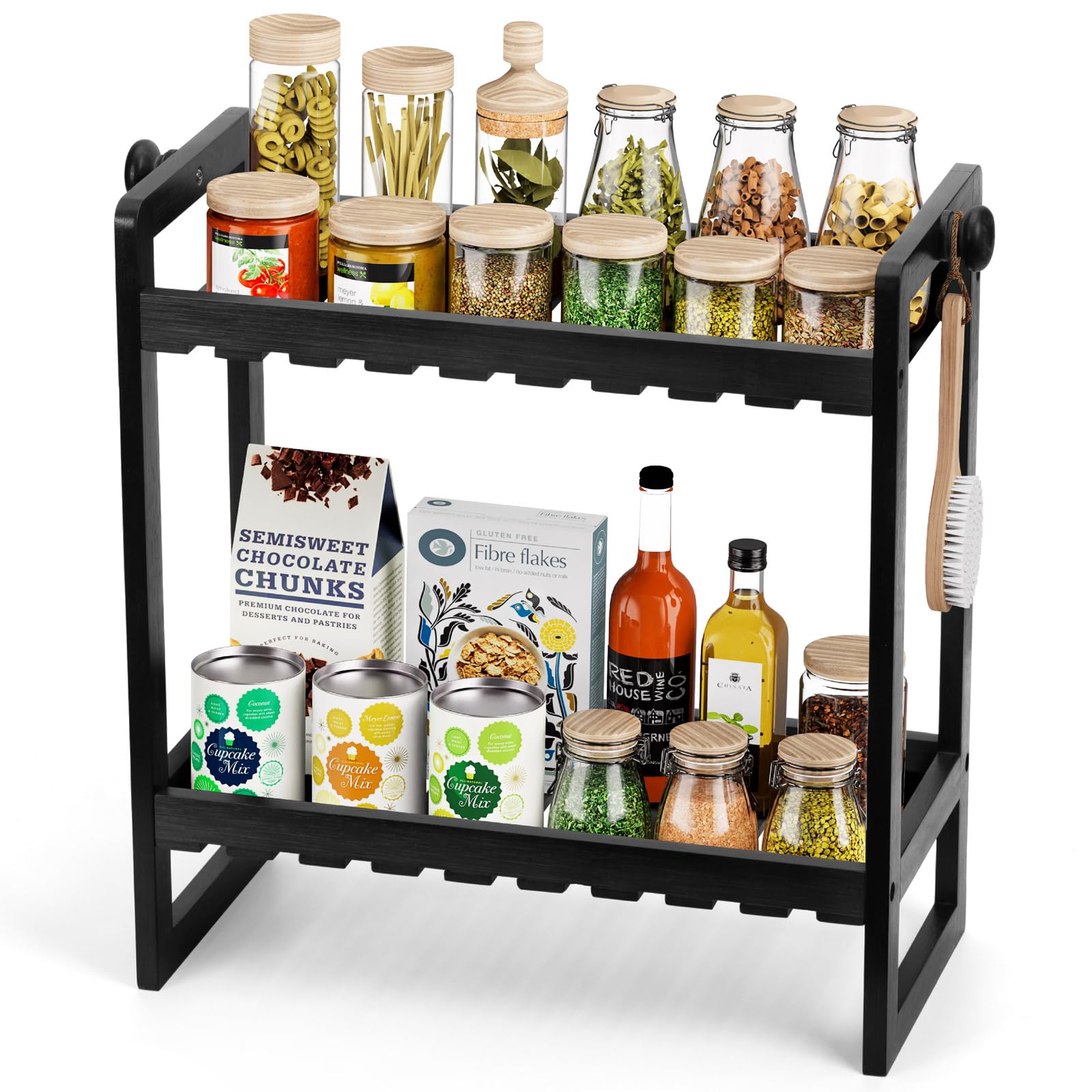Lenwi Countertop Organizer, Bamboo Spice Rack Organizer for Pantry, 2 Tier Kitchen Counter Shelf, Coffee Station Organizer,Black