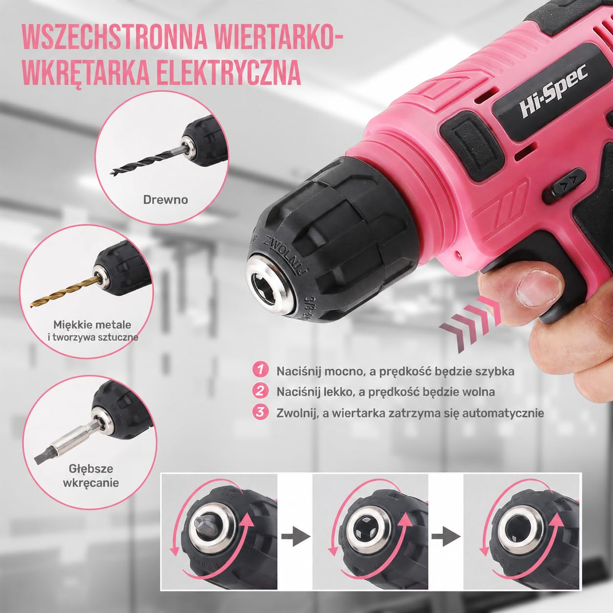 Hi-Spec Różowa Wiertarko-Wkrętarka Akumulatorowa 8V USB z Zestawem Bitów – Bezprzewodowy Elektrowkrętak dla Kobiet z Zestawem do Montażu Ściennego