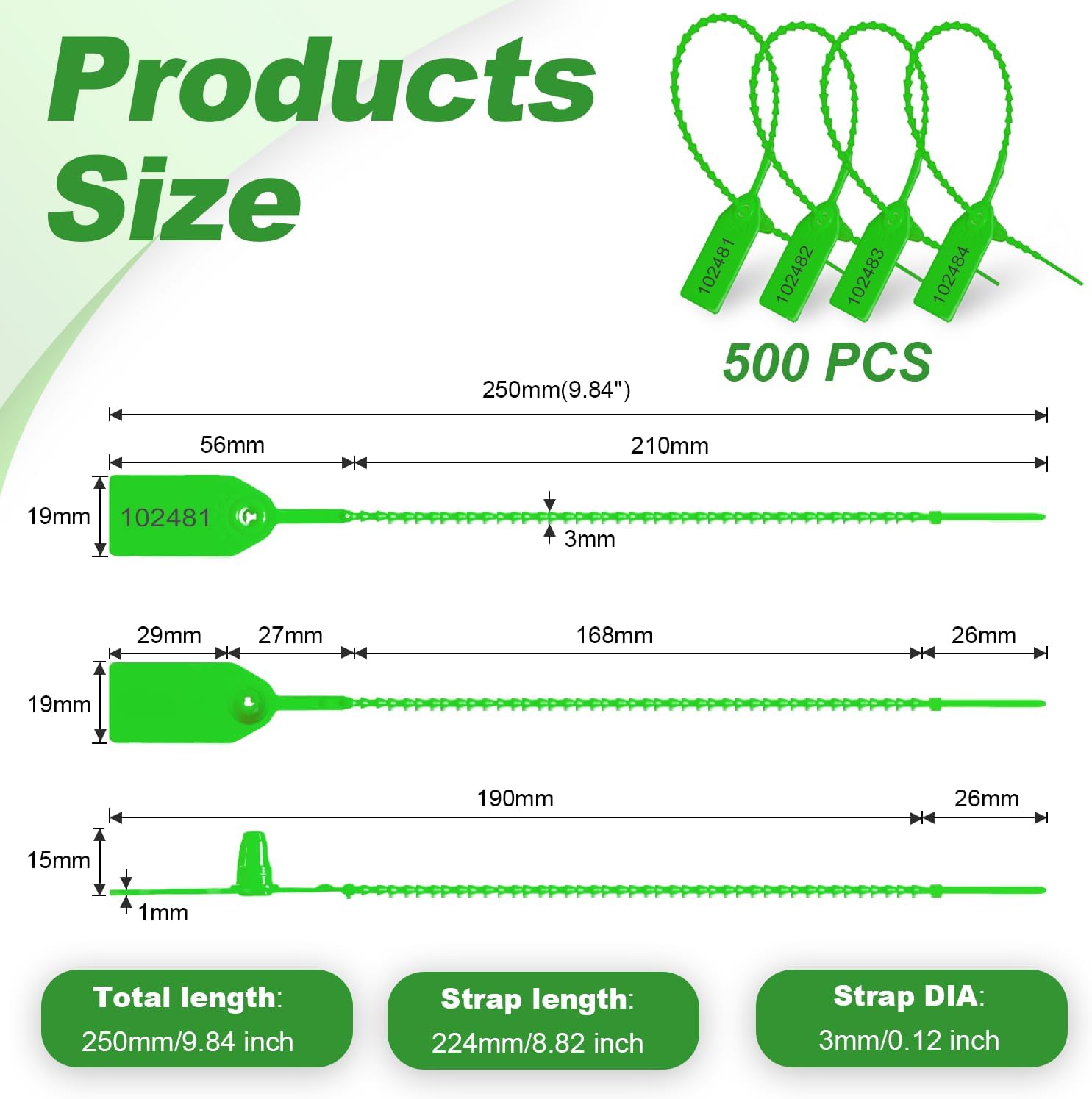 500 Pcs Plastic Tamper Seals Fire Extinguisher Tags Security Tags Numbered Tags with Zip Tie Safety Disposable Self-Locking Signage 250mm Length (Green) - Image 2