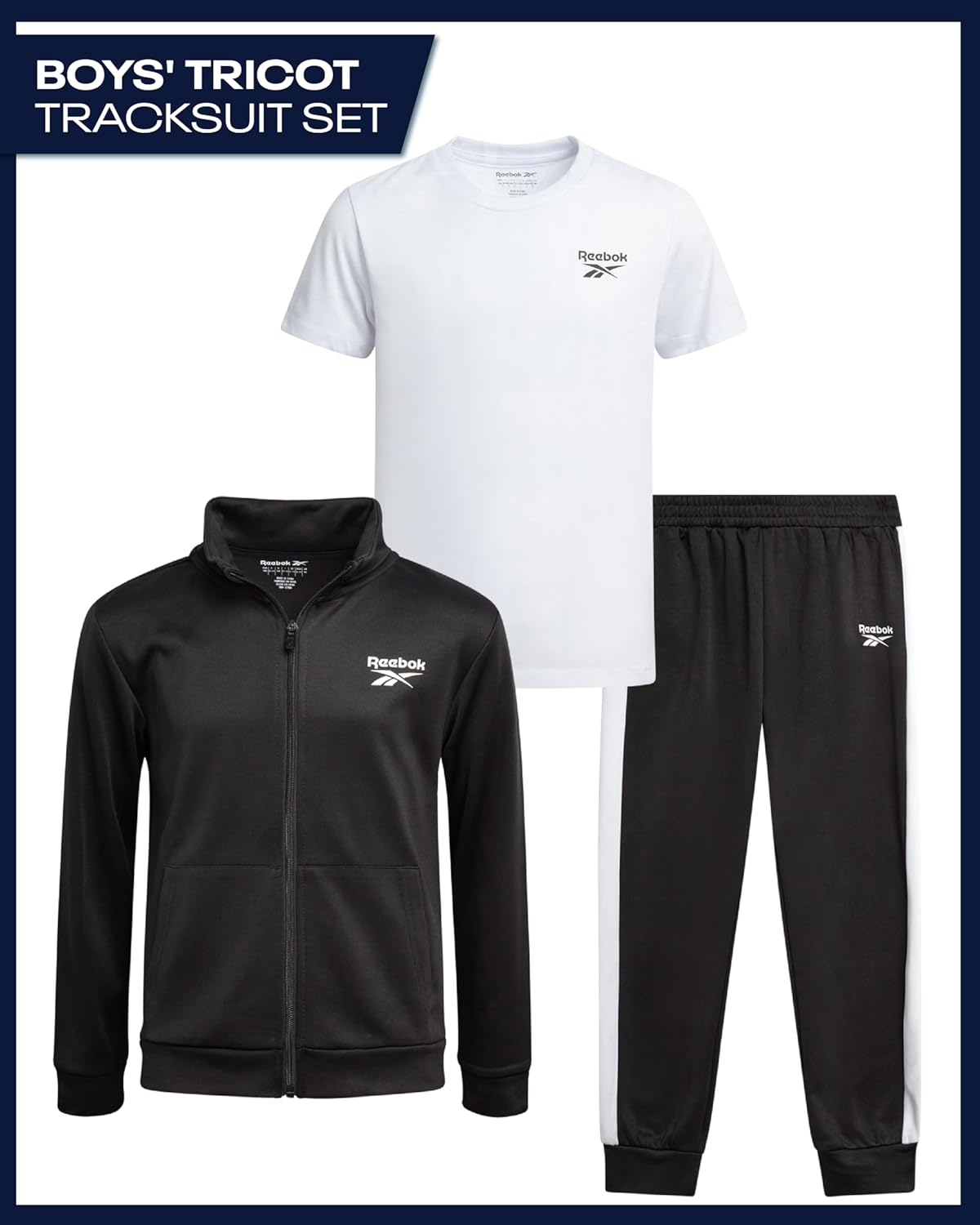 Reebok Boys Joggers Set - 3 Piece Boys Tracksuit Set with Tricot Zip Up Jacket Athletic Cotton T-Shirt and Jogger Sweatpants - Image 2
