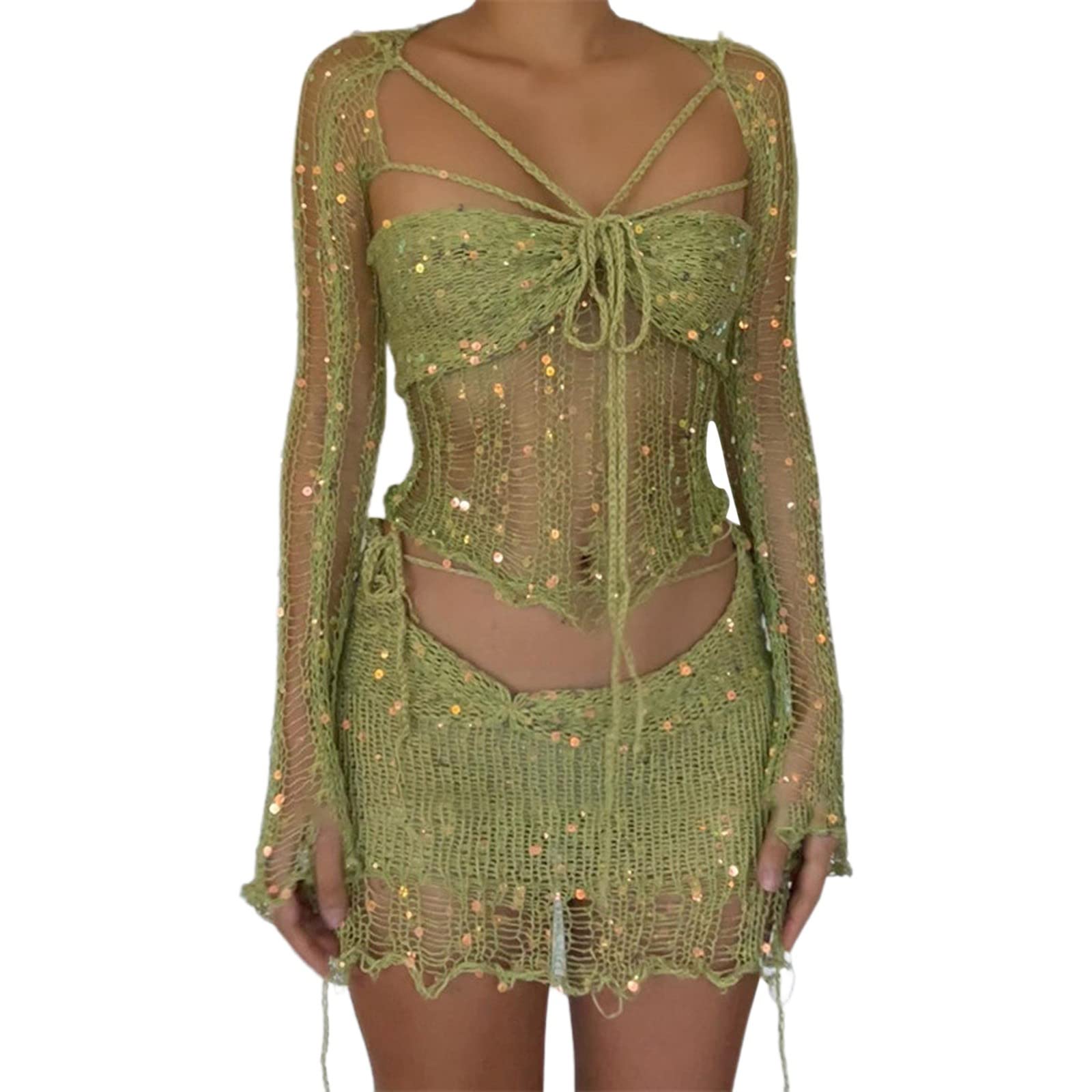 Women's Sheer Sequin Mesh Carnival Set - Long Sleeve Crochet Crop Top & Mini Skirt, Perfect for Carnival Outfit, Fancy Dress Party, Festival Clothing