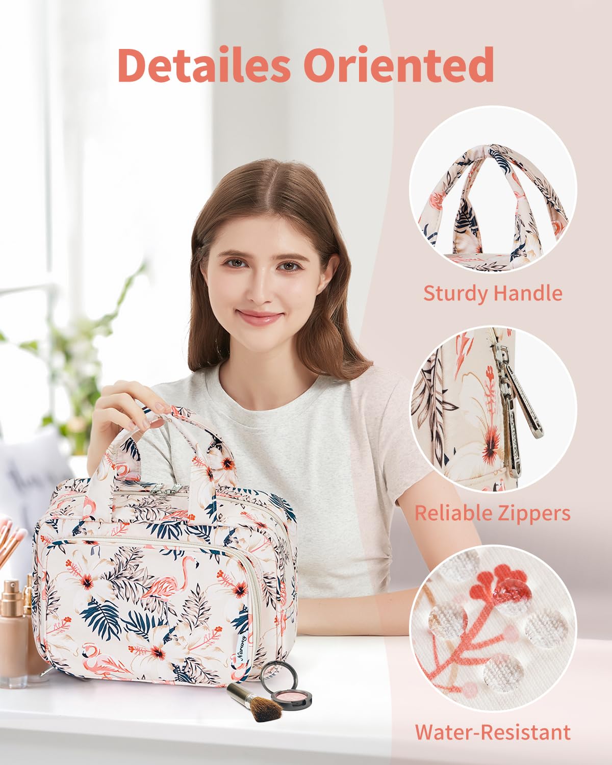 Duża kosmetyczka podróżna, organizer na kosmetyki, dla kobiet i mężczyzn, Beige Flamingo