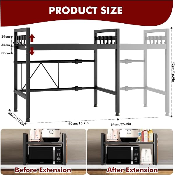 Extendable Microwave Stand, Kitchen Microwave Shelf, 2 Levels, Microwave Cabinet, Carbon Countertop, Microwave Shelf with 8 Hooks, 1 Utensil Holder - 3