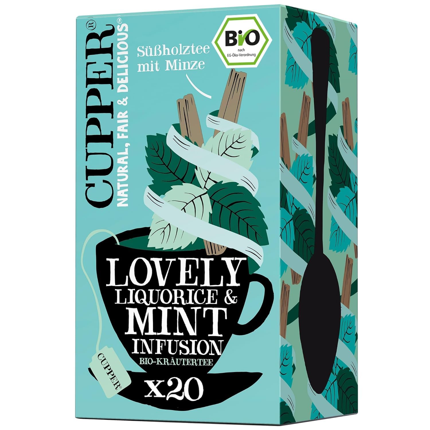 Cupper Bio Kräutertee "Lovely Liquorice & Mint", Pfefferminztee, 20 ungebleichte plastikfreie Teebeutel, fair gehandelt