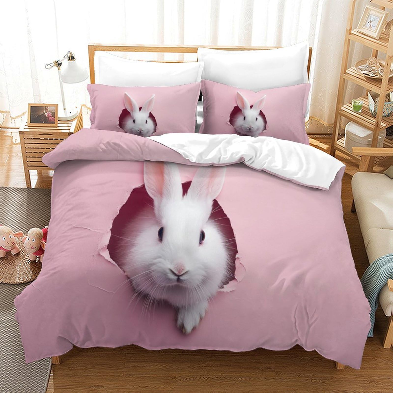 P1S9U7W5Y Cute Pink 3D Printed Rabbit Pattern Duvet Cover Set 3 Pieces Microfiber Bedroom Decor Bunny Bedding Set for Adults Teens All Seasons Double（200x200cm）
