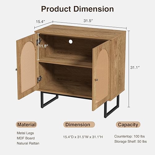 Miniatura 2 de Aparador buffet con puertas de ratán, armario de almacenamiento bohemio con patas de metal, muebles de madera para comedorsala de estar, pasillo,