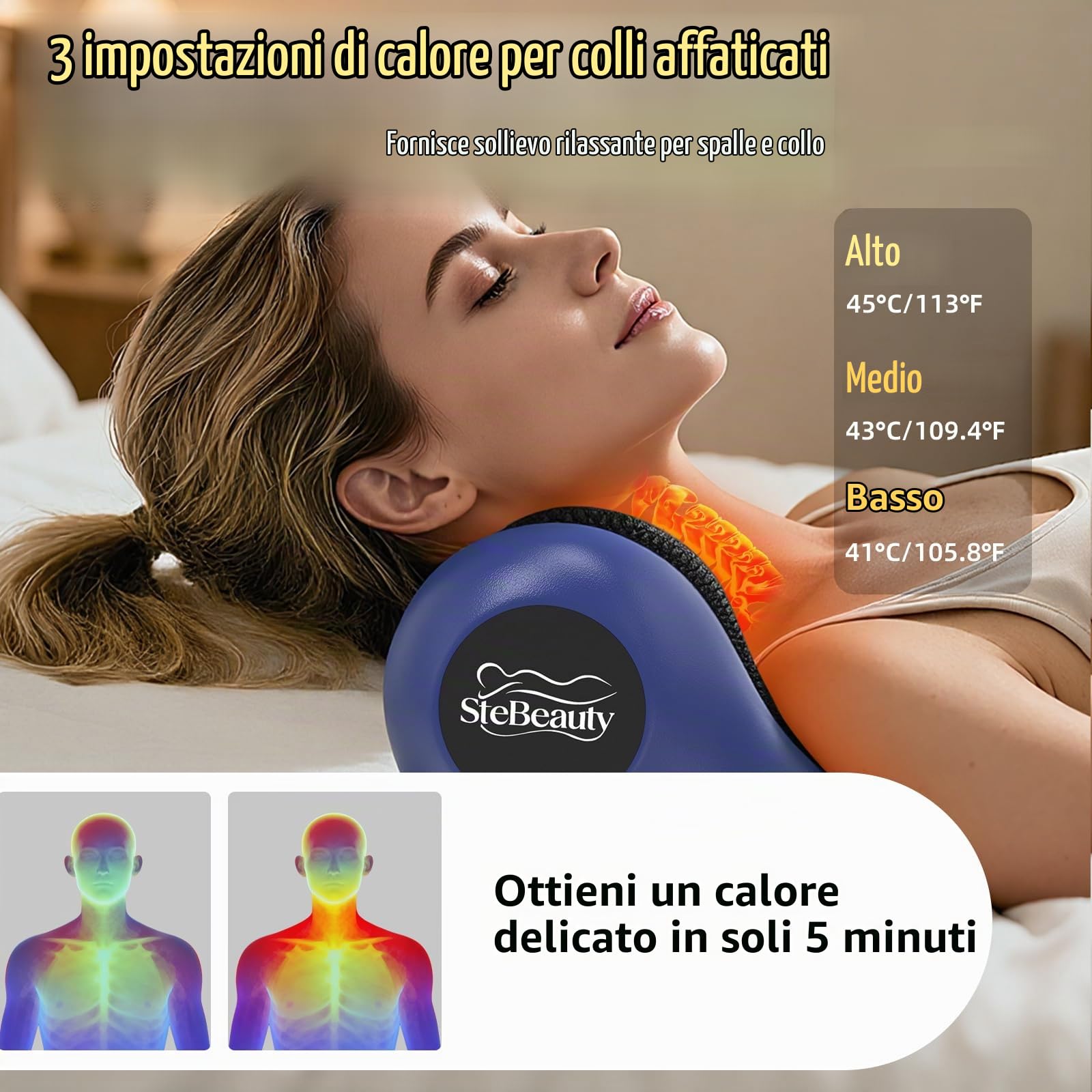 Massaggiatore Cervicale con Calore 3 Temperature (41-45°C), 3 Modalità di Vibrazione Senza Fili Forma Ergonomica a U Allevia il Dolore di Collo, Spalle e Schiena – Regalo per Uomo e Donna