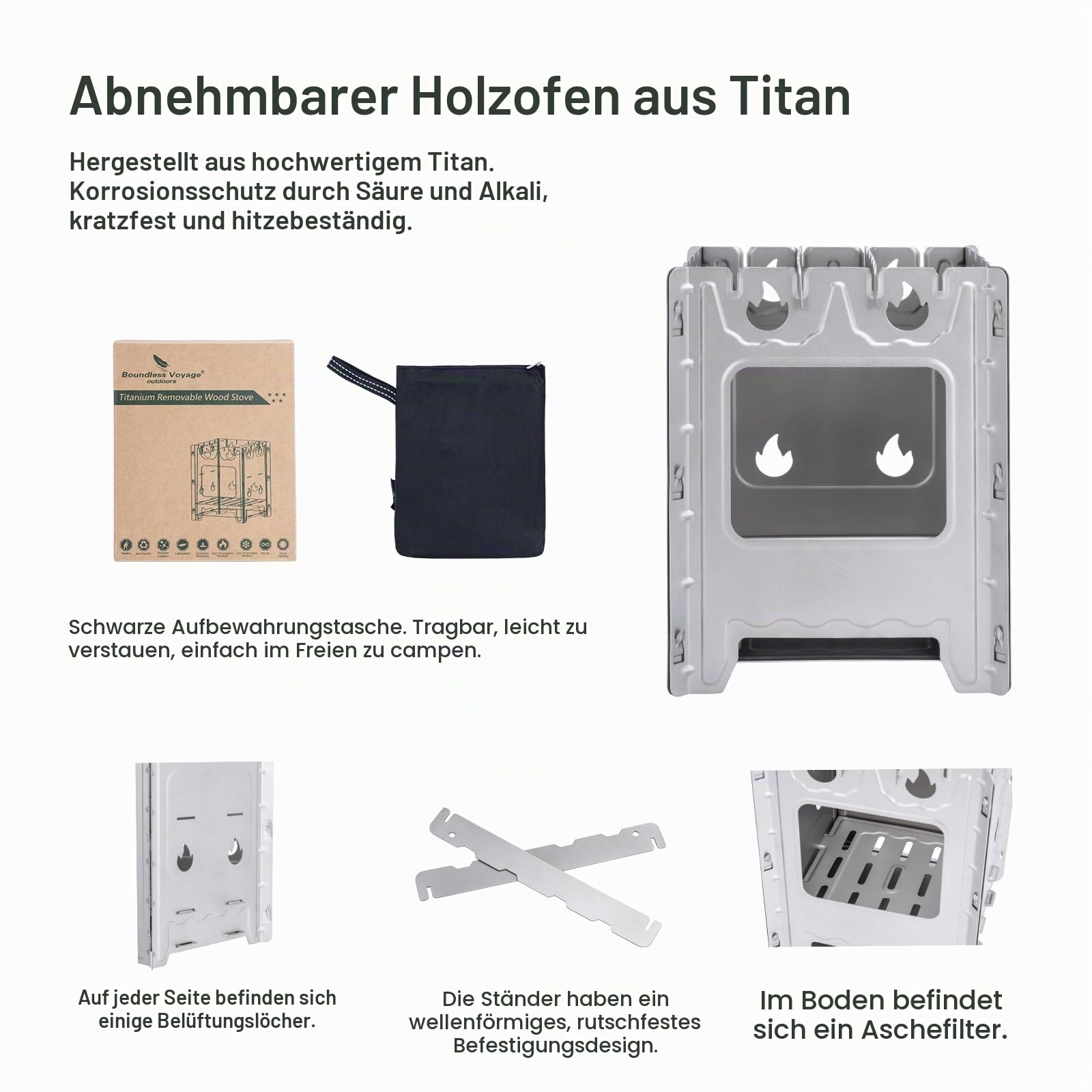 iBasingo Titan Herd Camping Kocher Holzofen Tragbarer Brenner Outdoor Abnehmbare Bushbox mit Topflappen Leichter Lagerfeuer BBQ Holzkohlekocher Fester Alkoholerhitzer Picknick Küchen Kochset Ti2008C